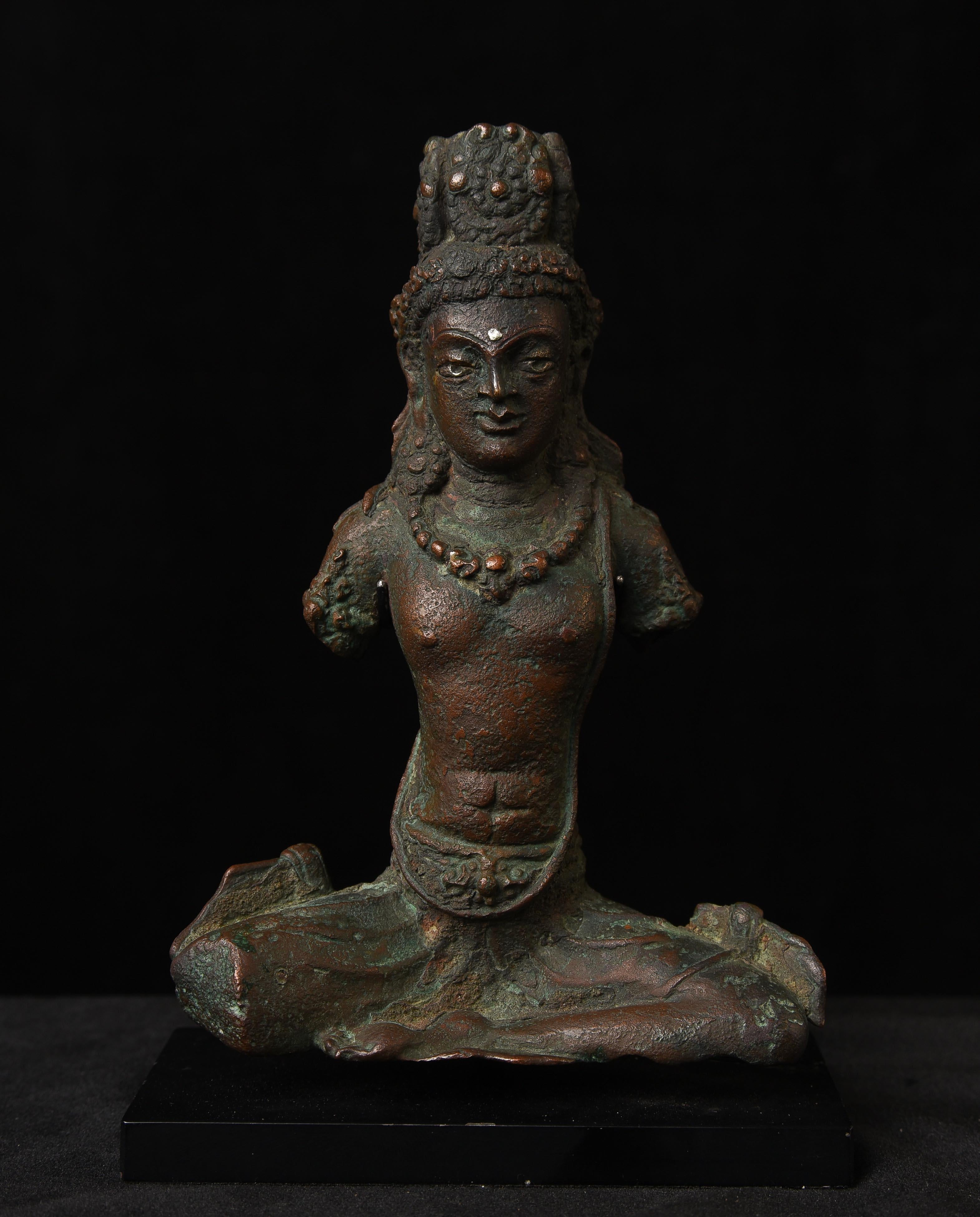 Cast 11th century West Tibetan bronze bodhisattva with Silver Inlays. For Sale