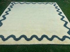 11x11 ft Modern Hand-Knotted 100% Wool Wavy Border Area Rug in Ivory