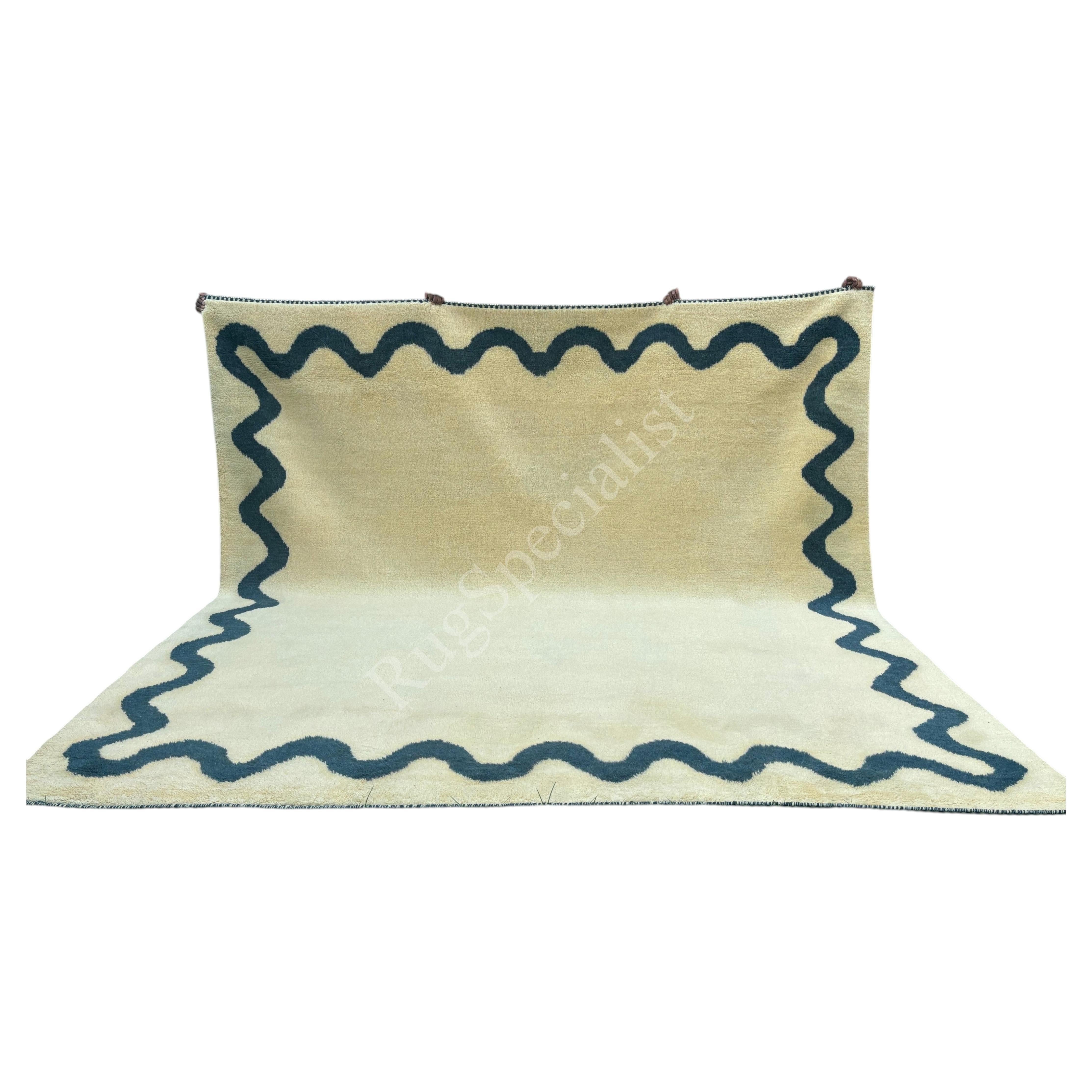 11x11 ft Modern Hand-Knotted 100% Wool Wavy Border Area Rug in Ivory For Sale