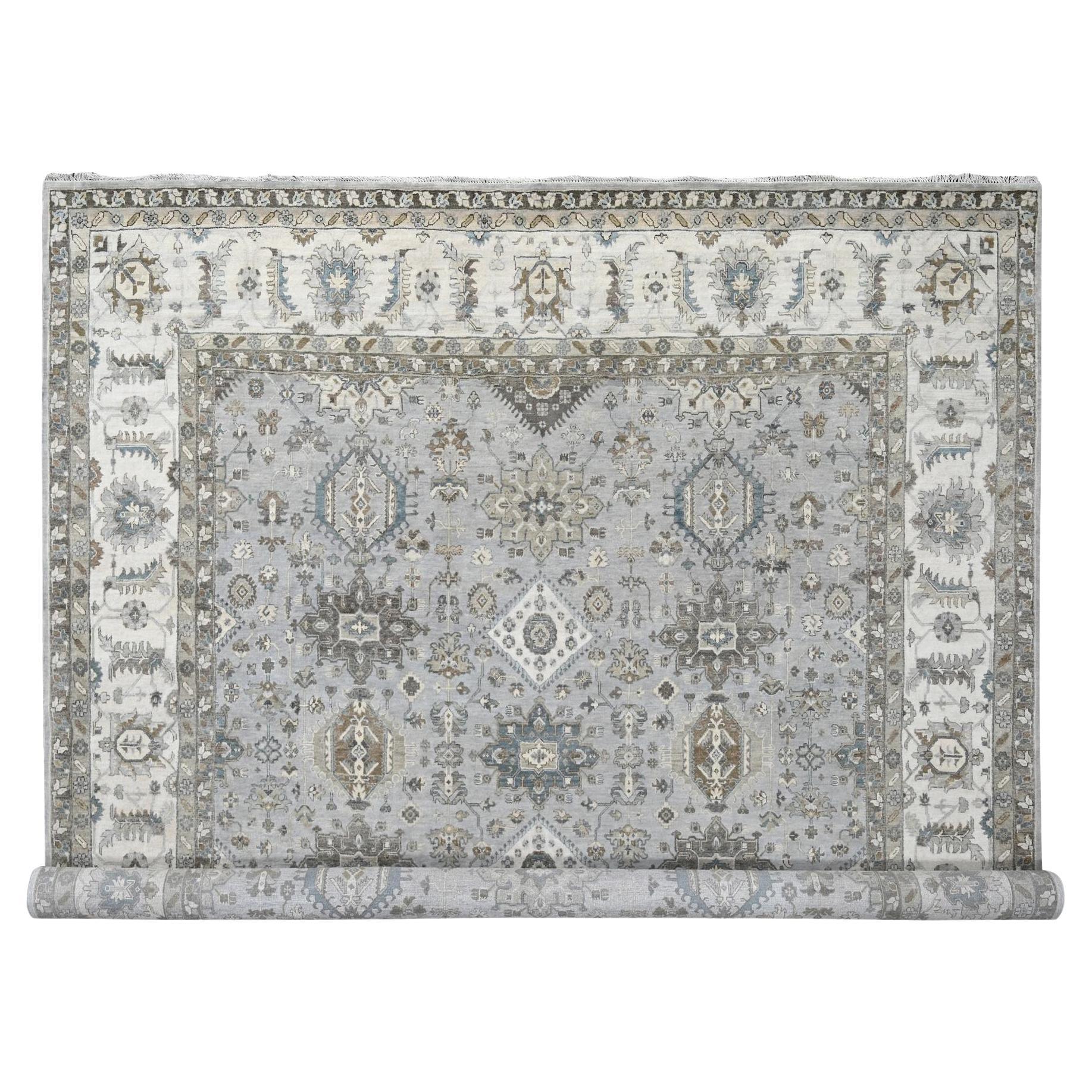 11'x11' Gray and White Karajeh Geometric Design Hand Knotted Squarish Wool Rug