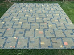 11x12 ft Hand-Woven 100% Wool Grid Pattern Kilim, Flat-Weave Modern Rug