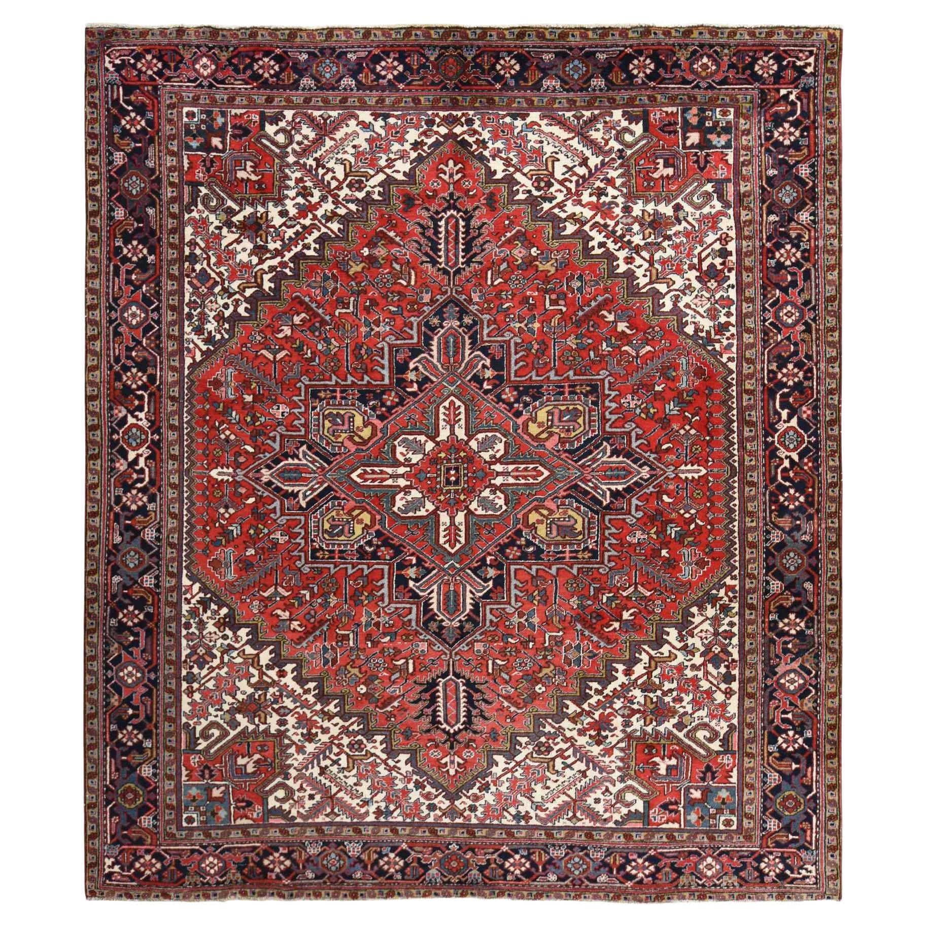 11'x13' Red Semi Antique Persian Heriz Clean Pure Wool Hand Knotted Squarish Rug