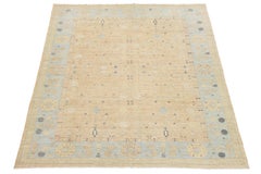 11x14 Modern Khotan Style Geometric Wool Rug in Sand and Soft Blue