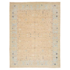 11x14 Modern Khotan Style Geometric Wool Rug in Sand and Soft Blue