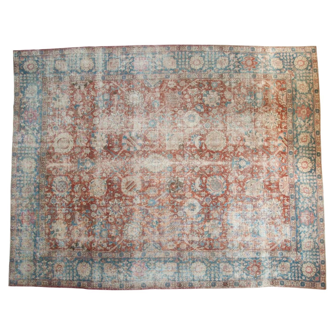 Vintage Distressed Tabriz Carpet For Sale