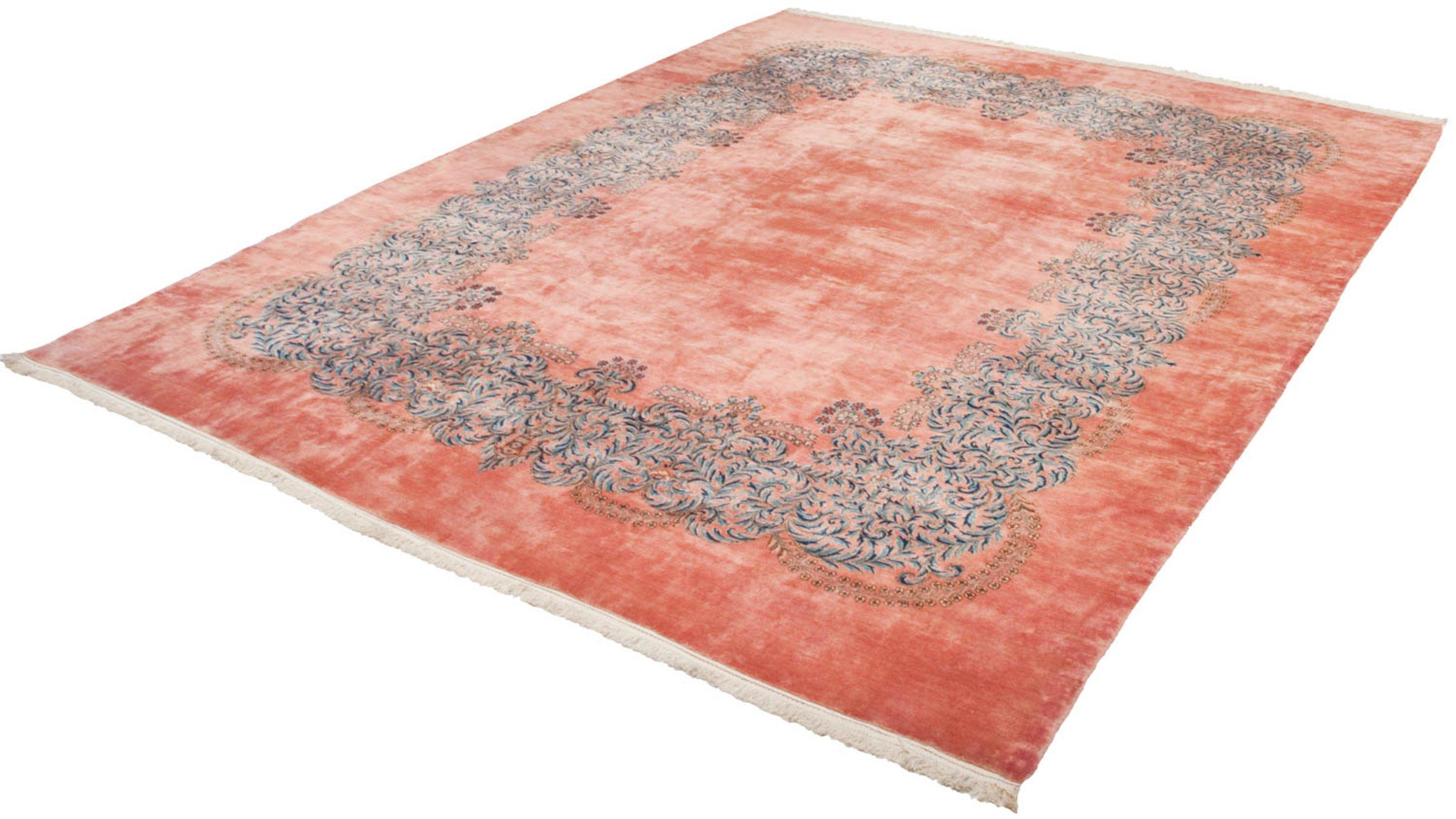 Highly unusual open field with floating oversized scrolling vine main border with European Rococo motif and detailed elongated blossomed stems. Colors and shades include: Dusty rose, pink, sky blue, navy blue, cochineal red, and more. Condition