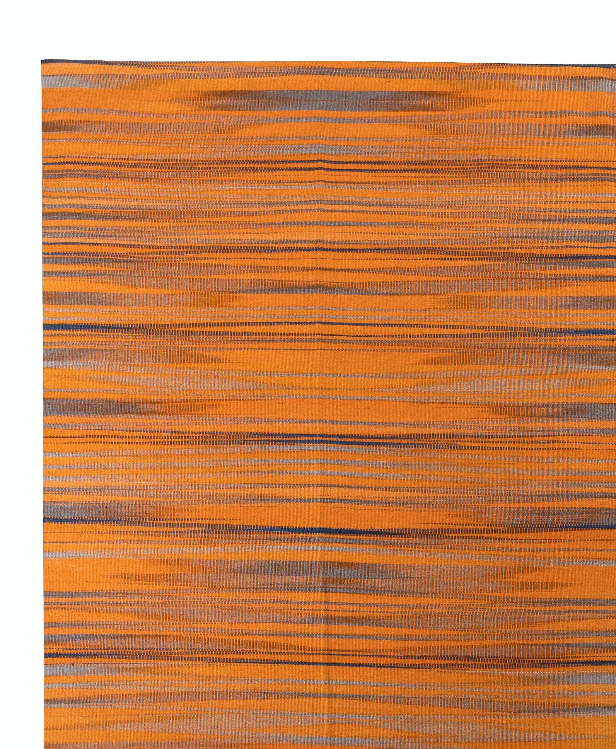Hand-Woven 11x15 ft Modern Turkish Striped Double Sided Oversize Kilim Rug in Orange & Gray For Sale
