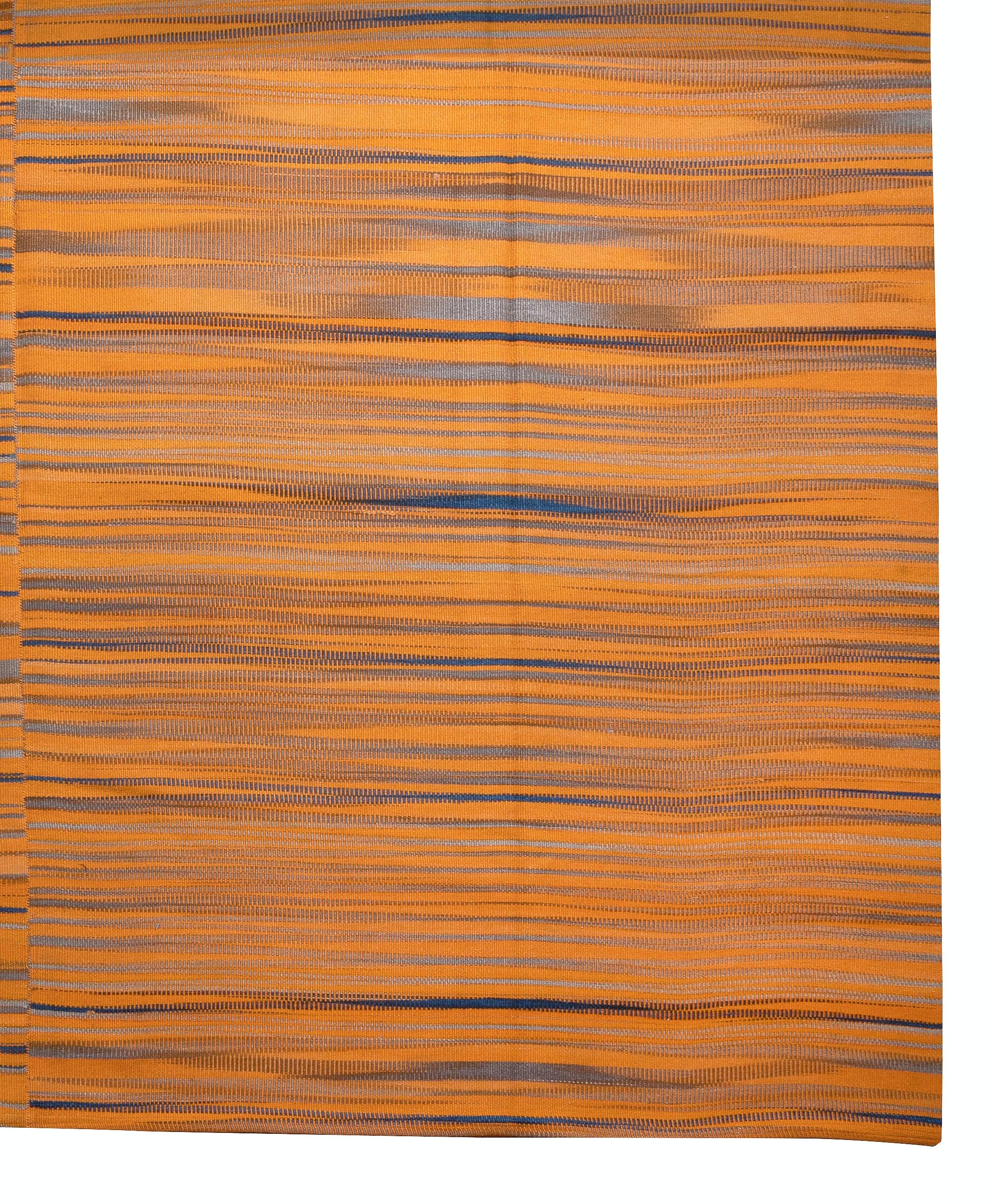 Contemporary 11x15 ft Modern Turkish Striped Double Sided Oversize Kilim Rug in Orange & Gray For Sale