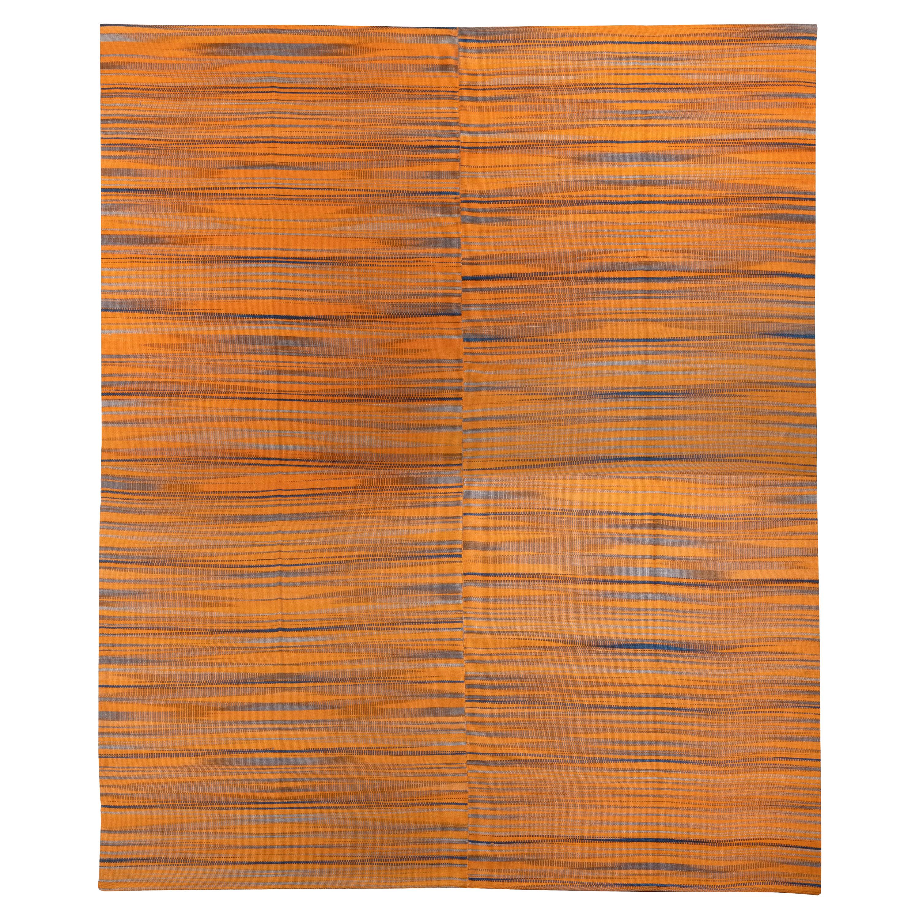 11x15 ft Modern Turkish Striped Double Sided Oversize Kilim Rug in Orange & Gray For Sale