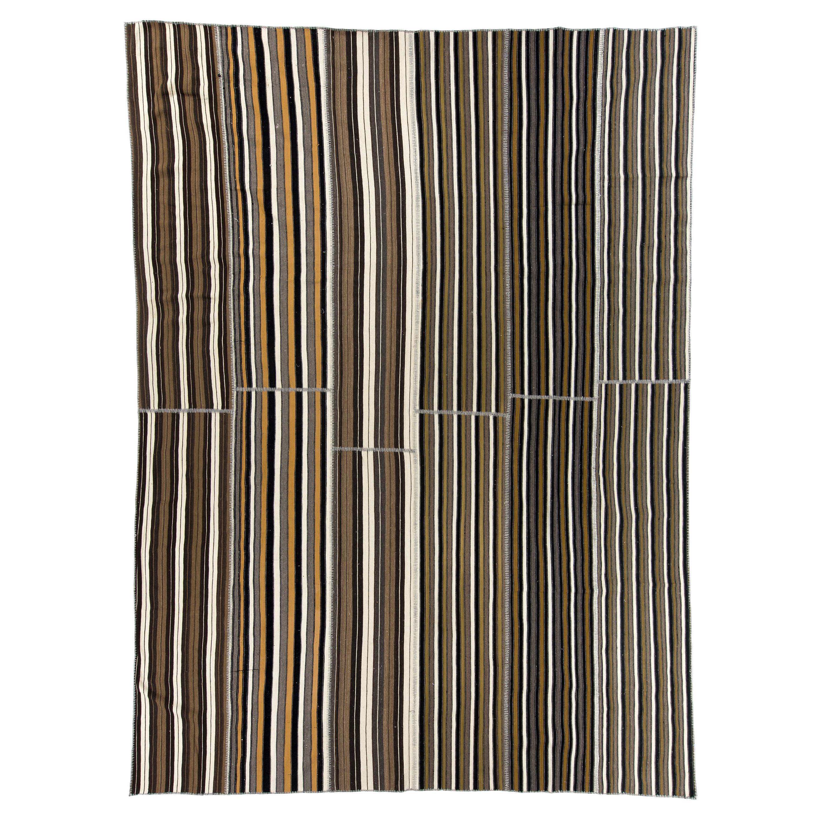 11x15 ft Striped Flat-woven Turkish Kilim in Earthy Colors, Large Minimalist Rug For Sale