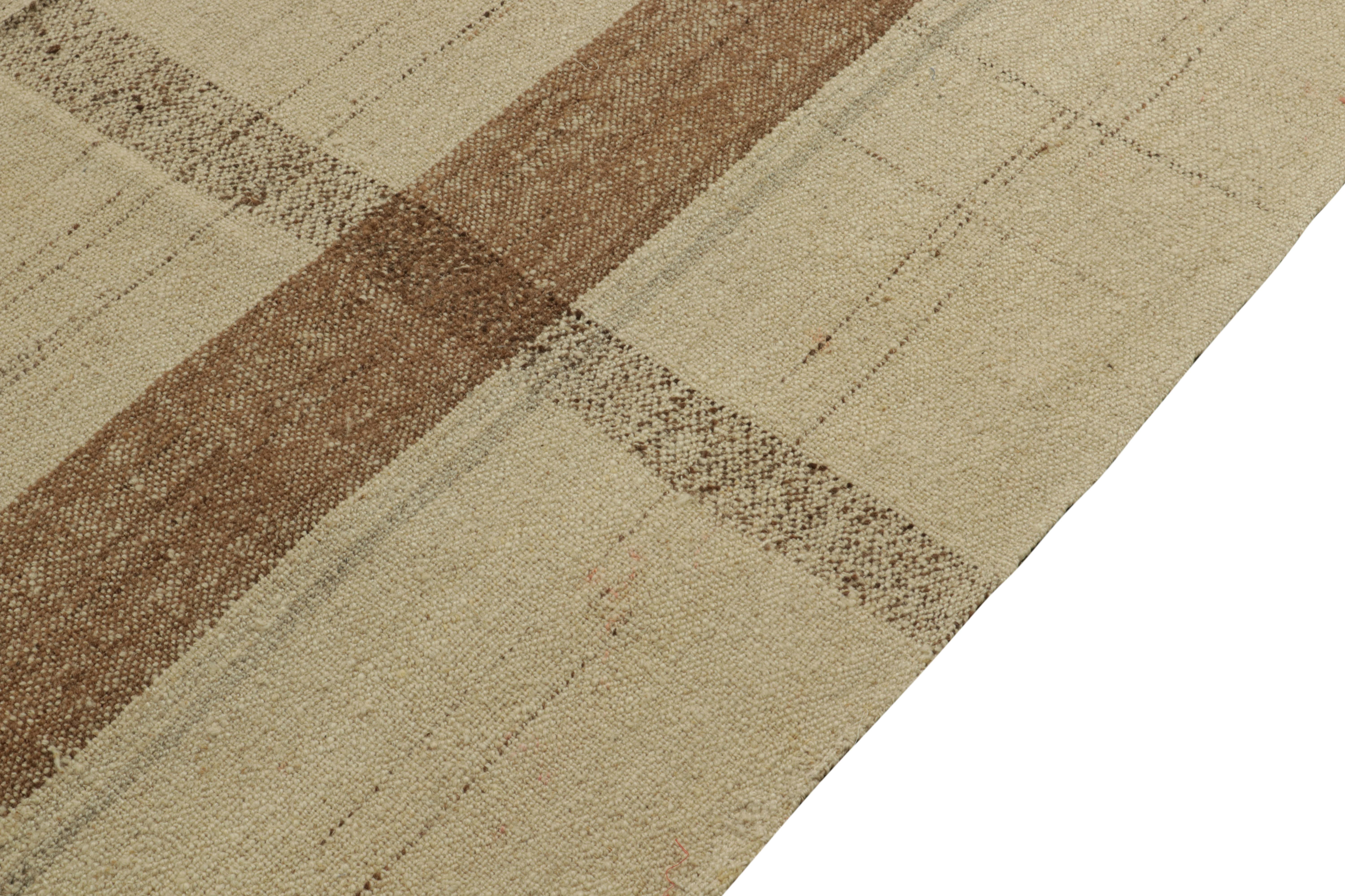 Hand-Knotted Vintage Kilim Rug in Beige, Brown Paneled Style, Striped Pattern by Rug & Kilim For Sale