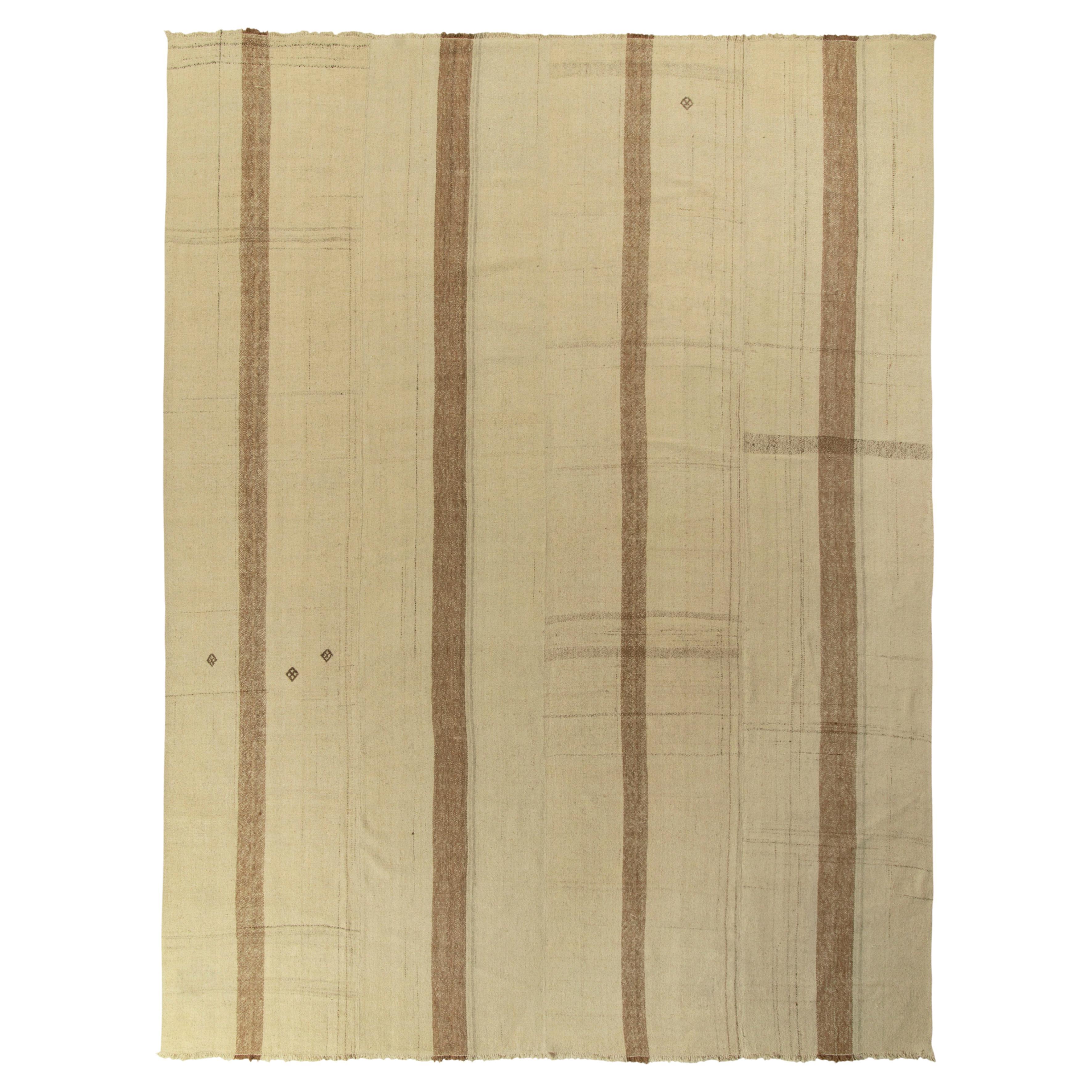 Vintage Kilim Rug in Beige, Brown Paneled Style, Striped Pattern by Rug & Kilim For Sale
