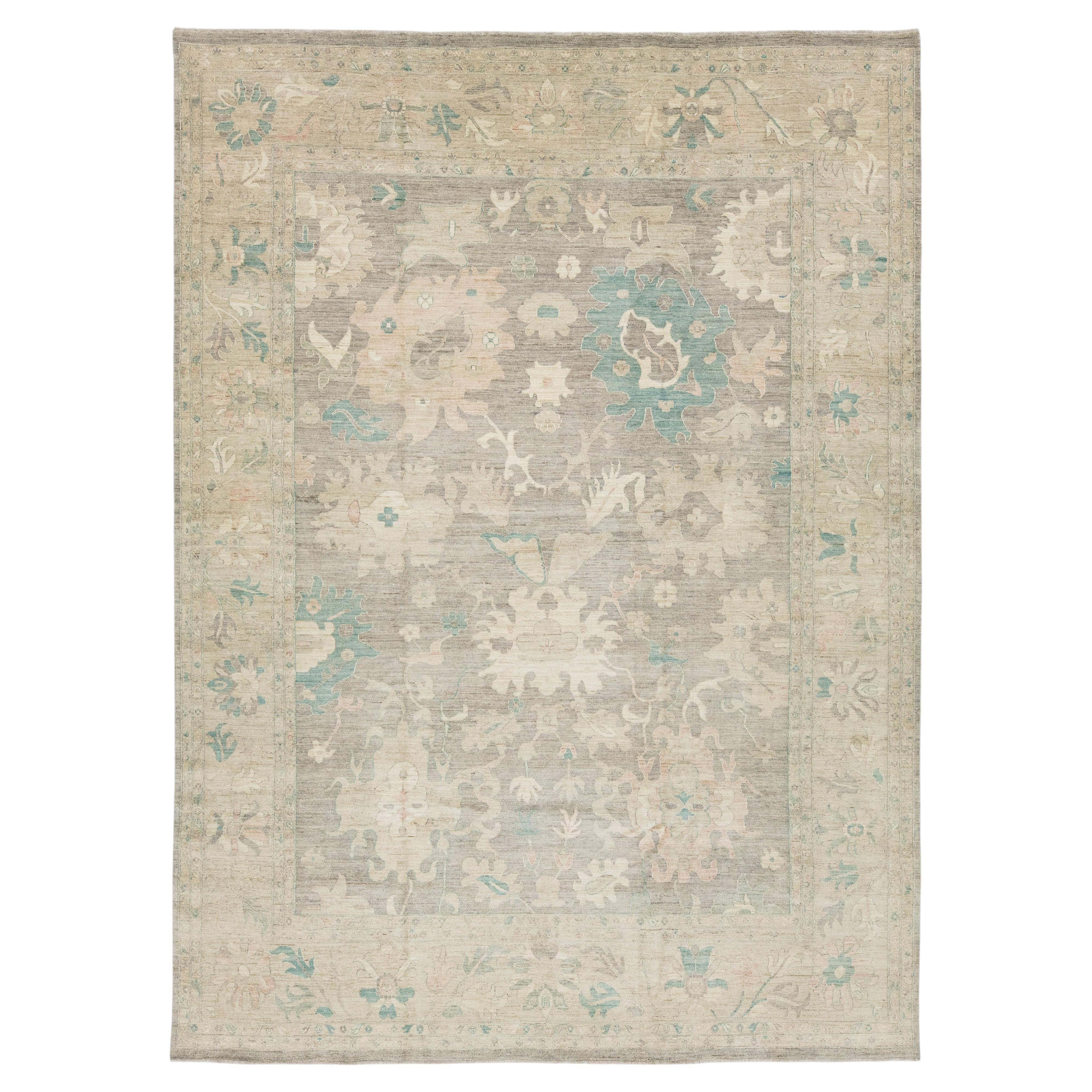 11x16 Modern Oushak Style Hand-Knotted Wool Area Rug in Taupe, Soft Teal & Blush