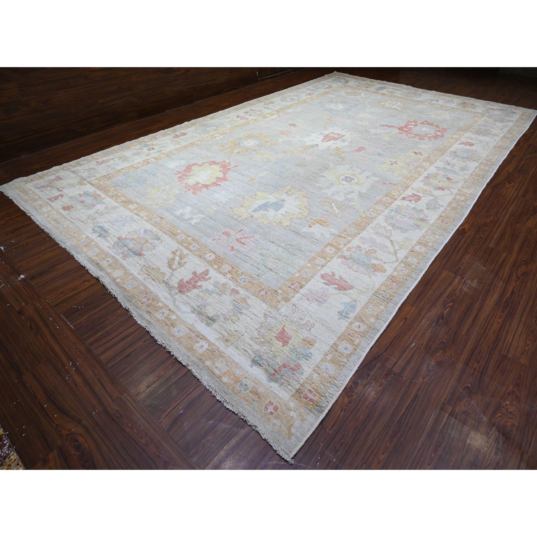 Afghano Tappeto orientale afgano 11'x18' grigio Angora Oushak Leaf Design/One tutta lana annodata a mano in vendita
