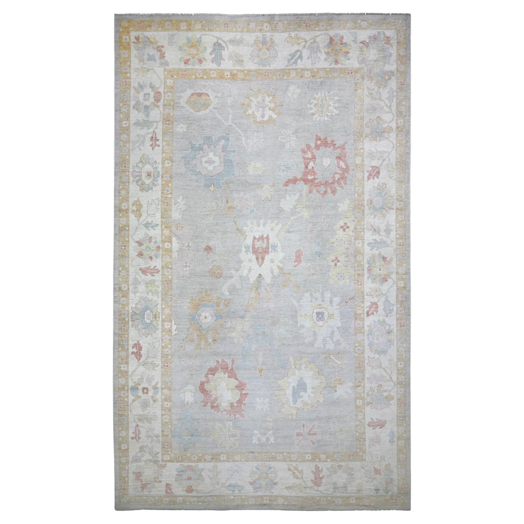 11'x18' Grauer afghanischer, handgeknüpfter, orientalischer Teppich aus Wolle mit Oushak-Blattdesign