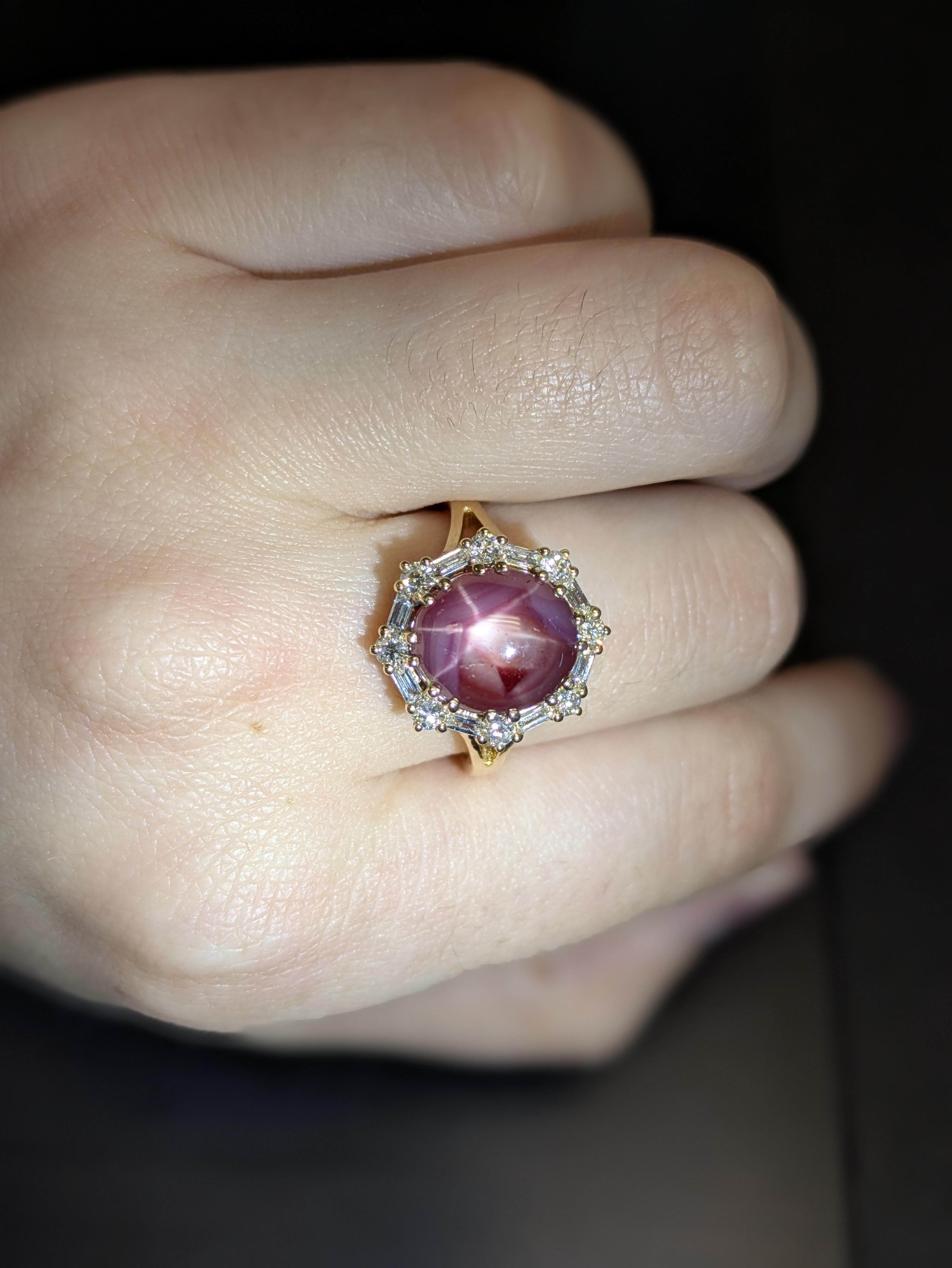 Pourquoi se fondre dans la masse quand on peut briller comme une étoile - littéralement ? Ce rubis étoilé de 5,52ct éblouit par son astérisme naturel et est entouré d'un halo de vrais diamants (ronds et baguettes). Sertie dans de l'or jaune massif