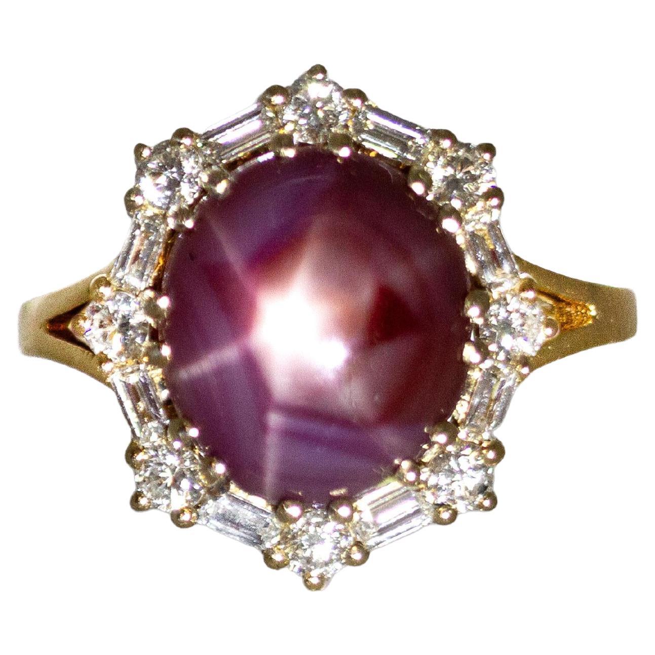 11x9.5mm, 5.5cts Madagascar Star Ruby and Natural Diamond Ring in 14K Solid Gold (Bague en or massif 14K)
