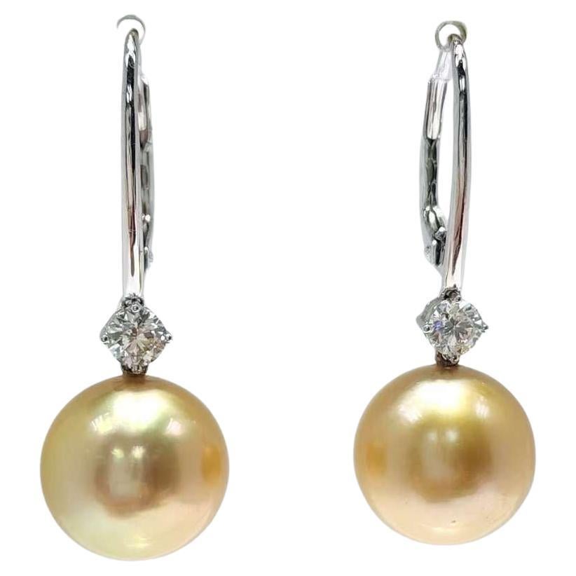 Orecchini con perle dei mari del sud e diamanti di 12-12,5 mm di champagne in vendita