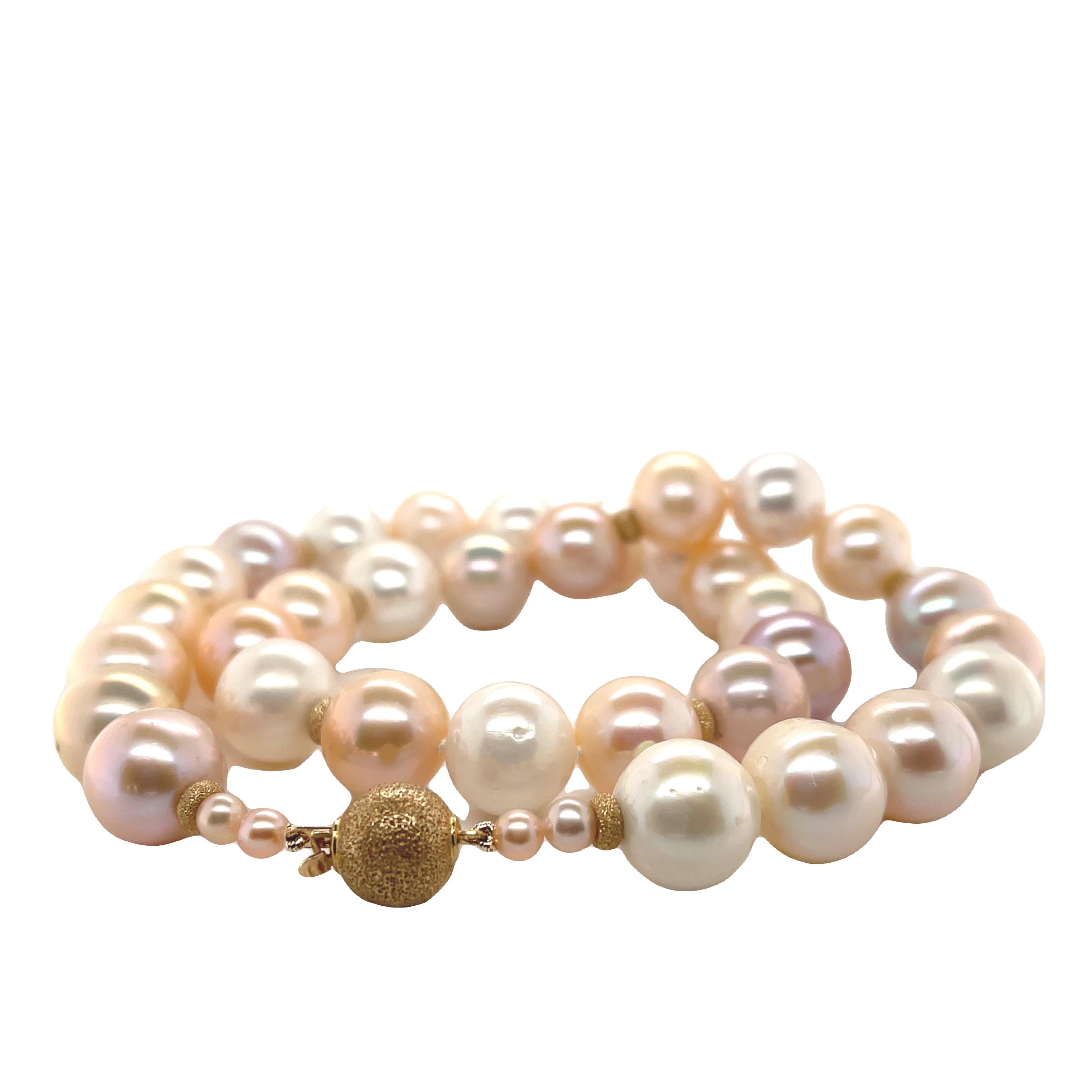 Artisan 12-13mm Peach Freshwater Pearl Necklace with 14k Yellow Gold Accents For Sale