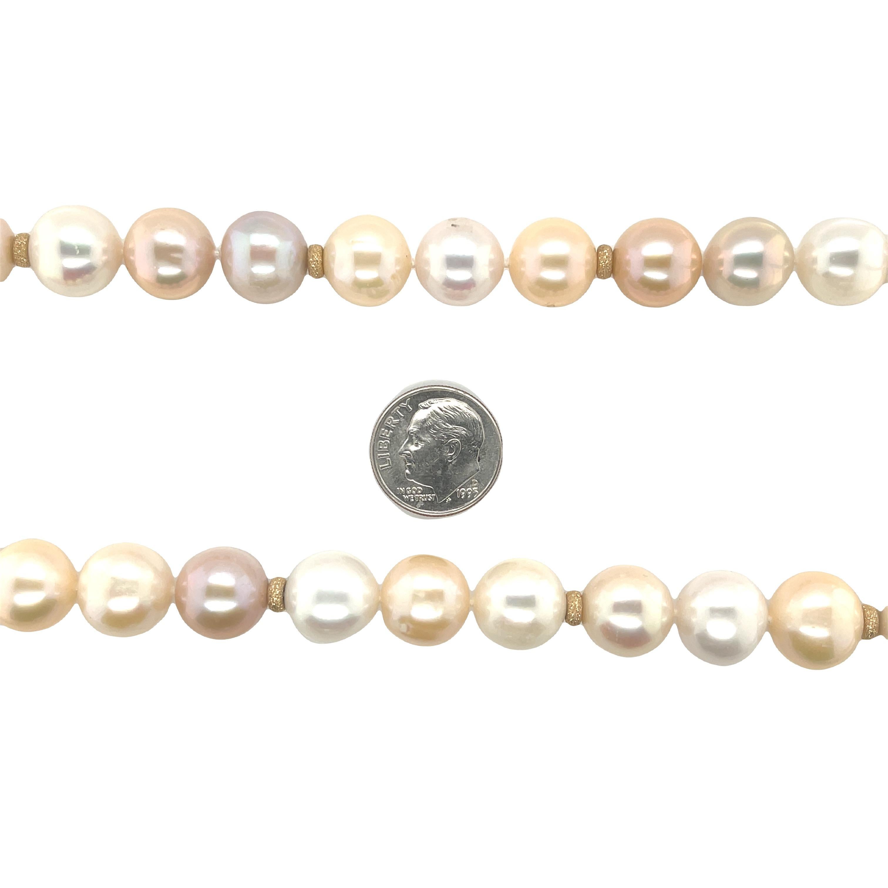 Round Cut 12-13mm Peach Freshwater Pearl Necklace with 14k Yellow Gold Accents For Sale