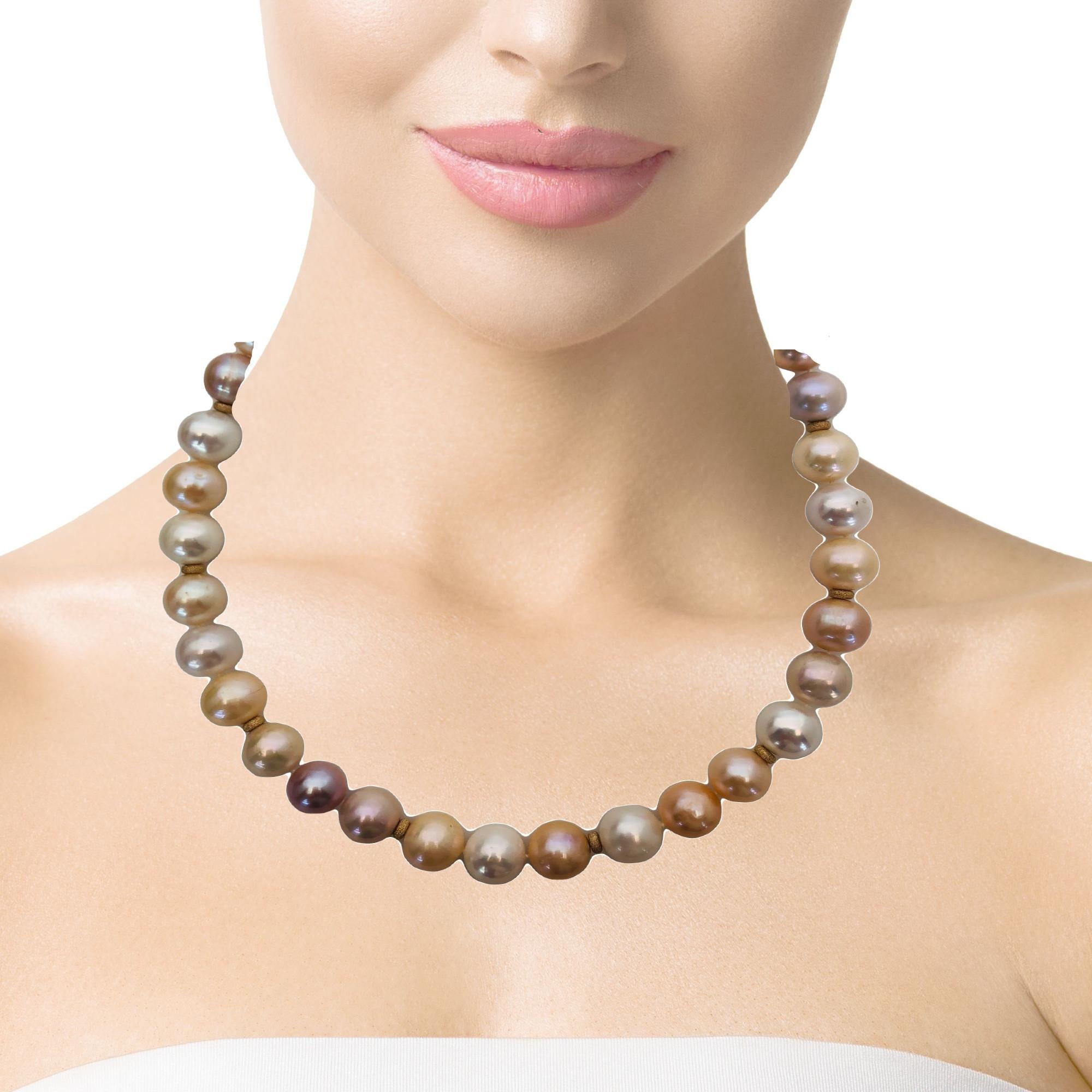12-13mm Peach Freshwater Pearl Necklace with 14k Yellow Gold Accents For Sale 3