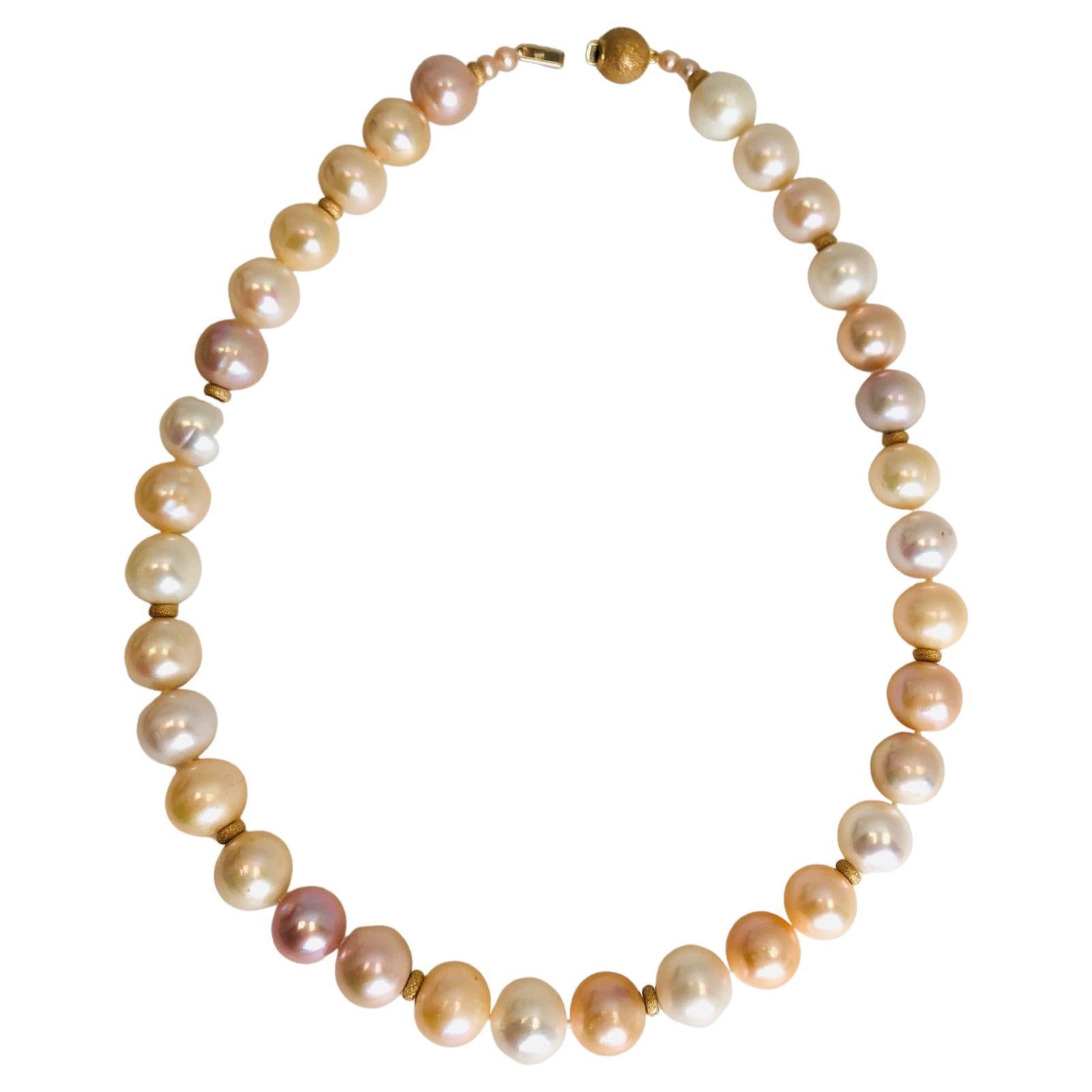 12-13mm Peach Freshwater Pearl Necklace with 14k Yellow Gold Accents For Sale