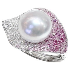 12-13mm South Sea Pearl Cocktail Ring with Ombré Pavé, 18K White Gold