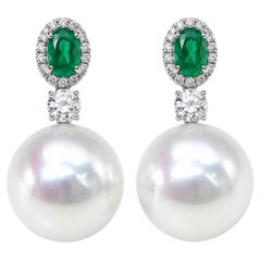 12–13mm White South Sea Pearl, Emerald & Natural Diamond Drop Earrings 18K
