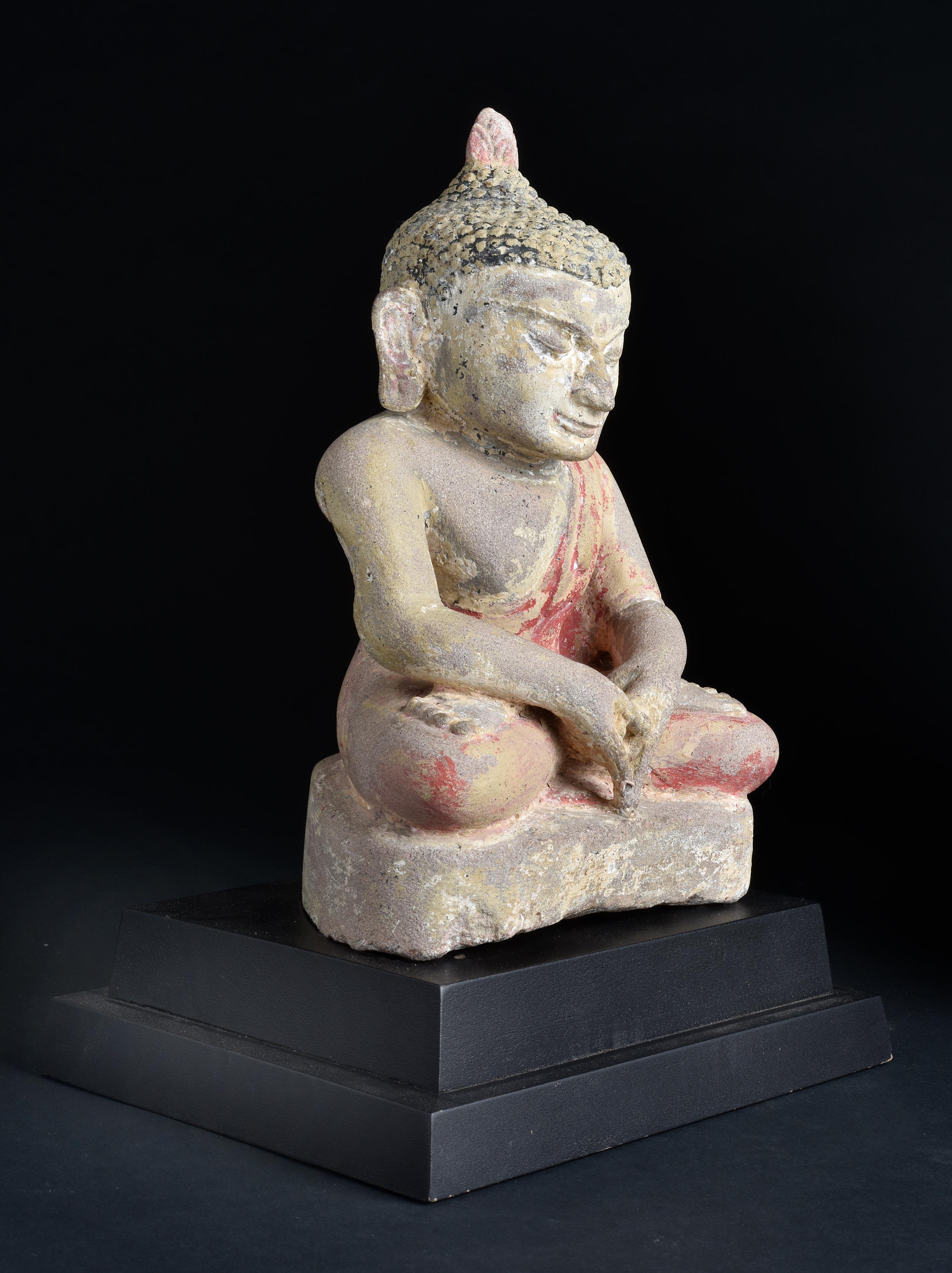 Hand-Carved 12/13thC Burmese Pagan Stone Buddha in deep concentration-Finest- Masterpiece For Sale
