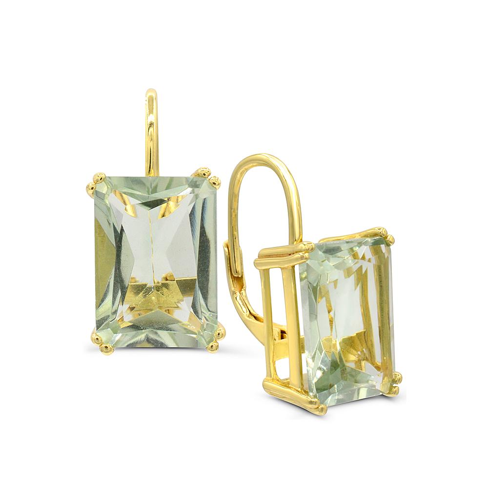 Each of these elegant earrings crafted from 14K yellow gold over sterling silver and features emerald-cut prasiolite that exude elegance and sophistication. With convenient lever back closures, these earrings are stunning and secure. Make a
