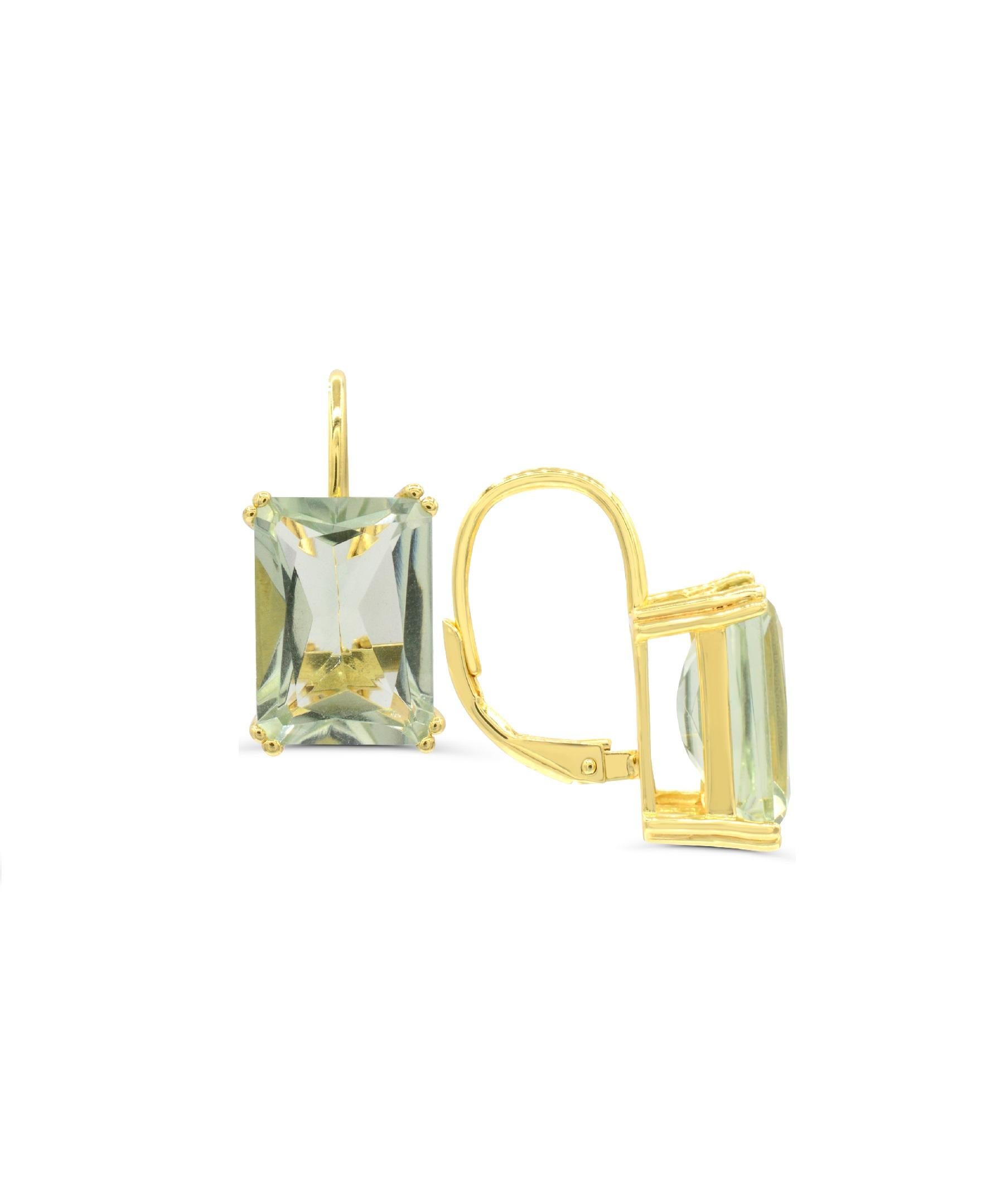 Contemporary 12-5/8 ct. Emerald-Cut Prasiolite 14K Yellow Gold over Sterling Silver Earrings For Sale