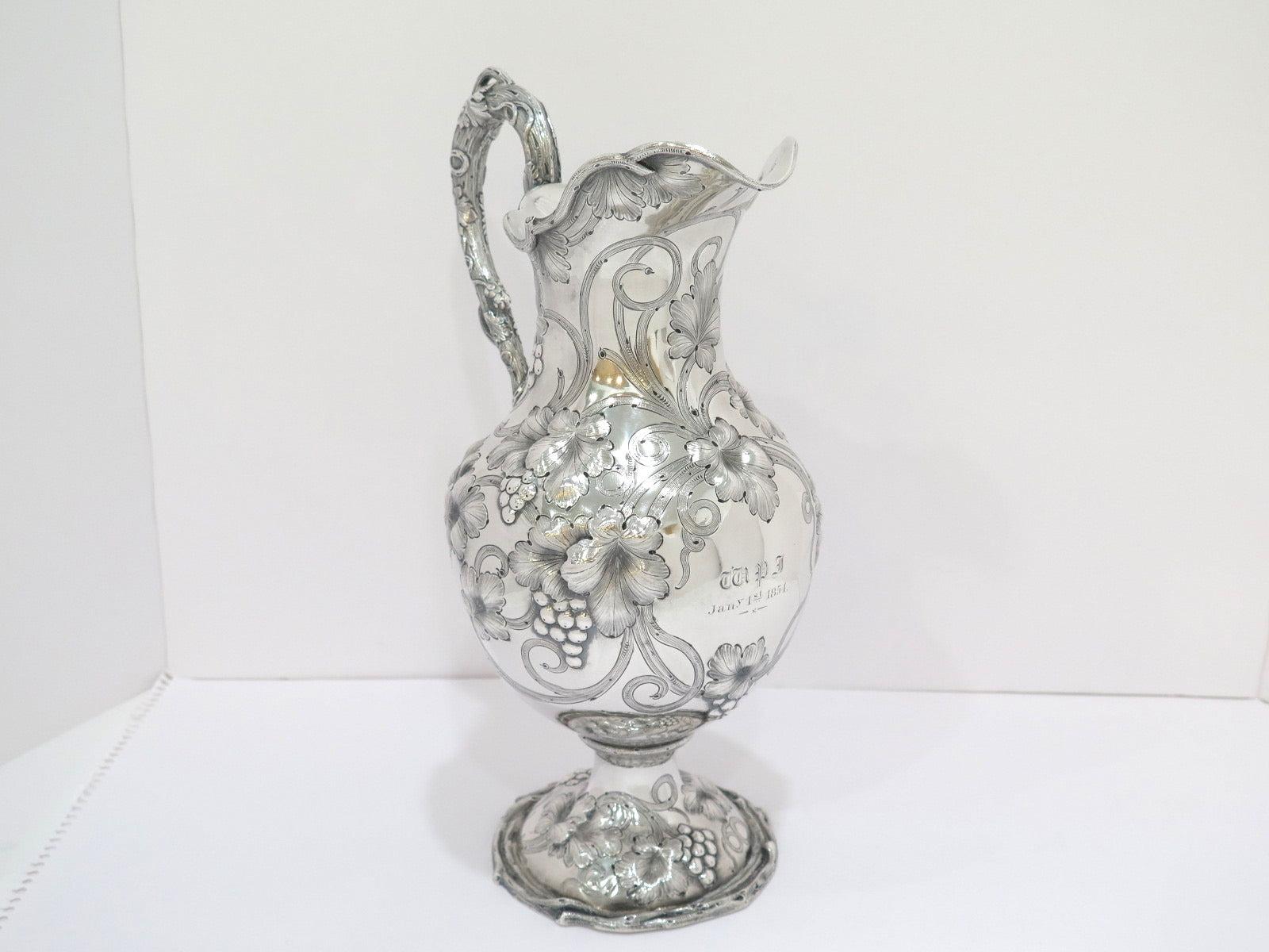 American 12 5/8 in - Coin Silver Galt & Bro. Antique c. 1854 Grapevine Ewer For Sale
