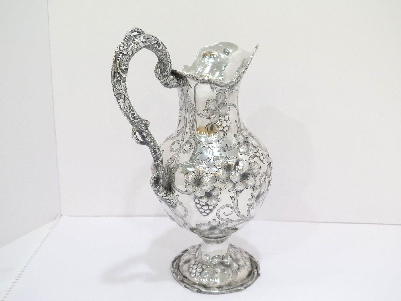 Mid-19th Century 12 5/8 in - Coin Silver Galt & Bro. Antique c. 1854 Grapevine Ewer For Sale