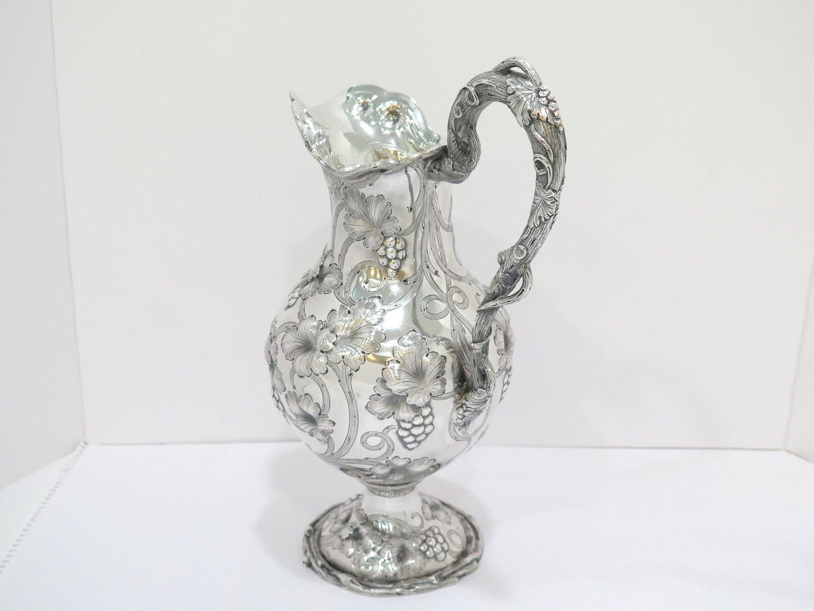 12 5/8 in - Coin Silver Galt & Bro. Antique c. 1854 Grapevine Ewer For Sale 1