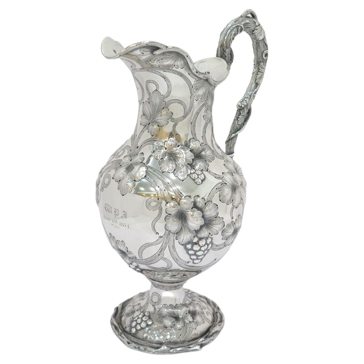 12 5/8 in - Coin Silver Galt & Bro. Antique c. 1854 Grapevine Ewer For Sale