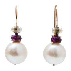 12, 5 Mm Pearls, Amethysts, Diamonds, Rose Gold and Silver Earrings.