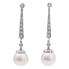 12, 5 Mm Pearls, Diamonds, White Gold Earrings.