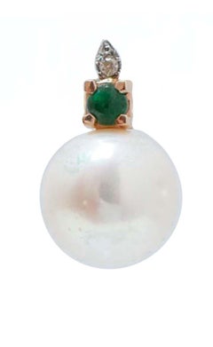 12, 5 Mm Pearls, Emeralds, Diamonds, 14 Karat Rose Gold  Earrings.