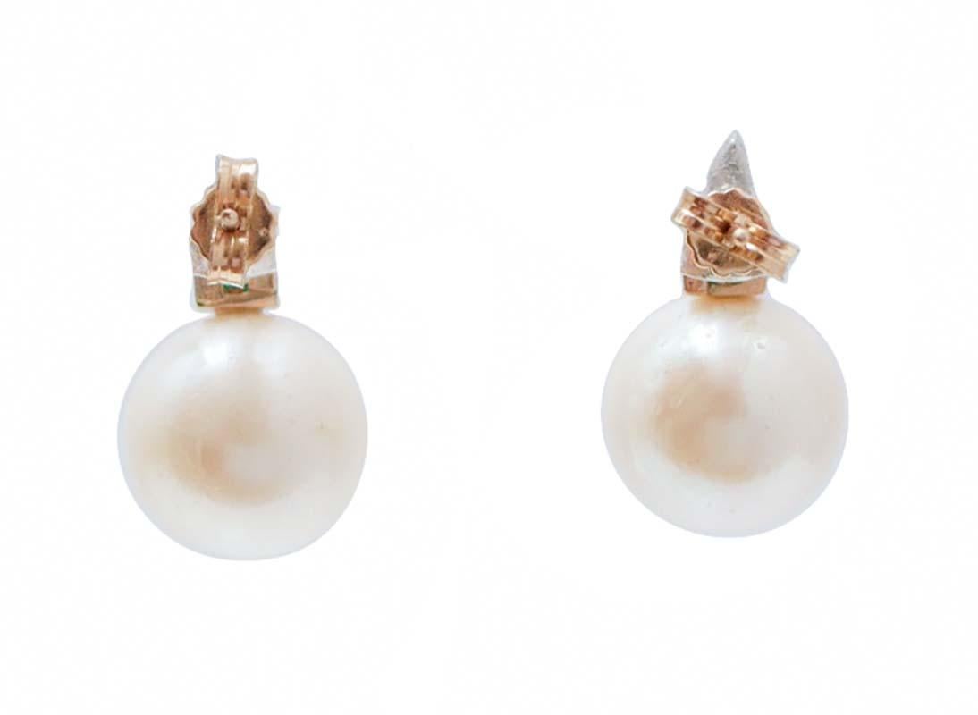 Rétro 12, 5 Mm Perle, smeraldi, diamanti, oro rosa 14 carati  Orecchini. in vendita