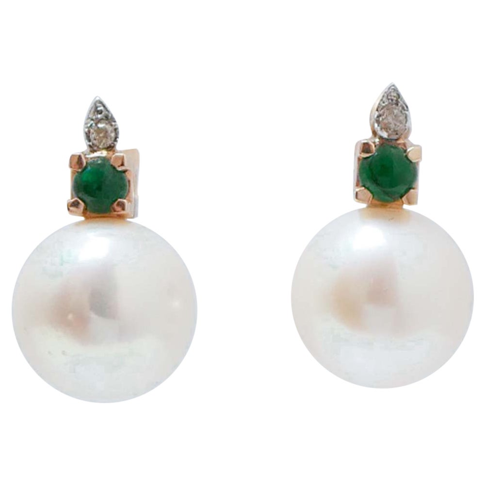 12, 5 Mm Perle, smeraldi, diamanti, oro rosa 14 carati  Orecchini.