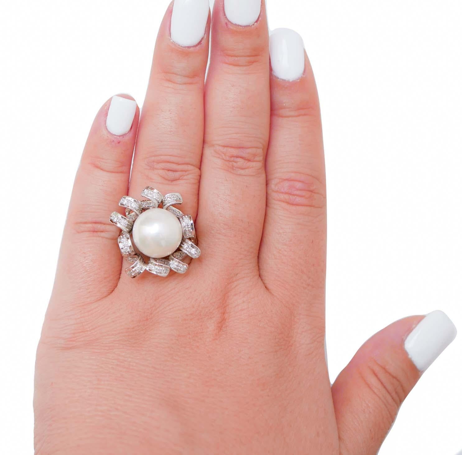 Mixed Cut 12, 5 Mm White Pearl, Diamonds, Platinum Ring. For Sale