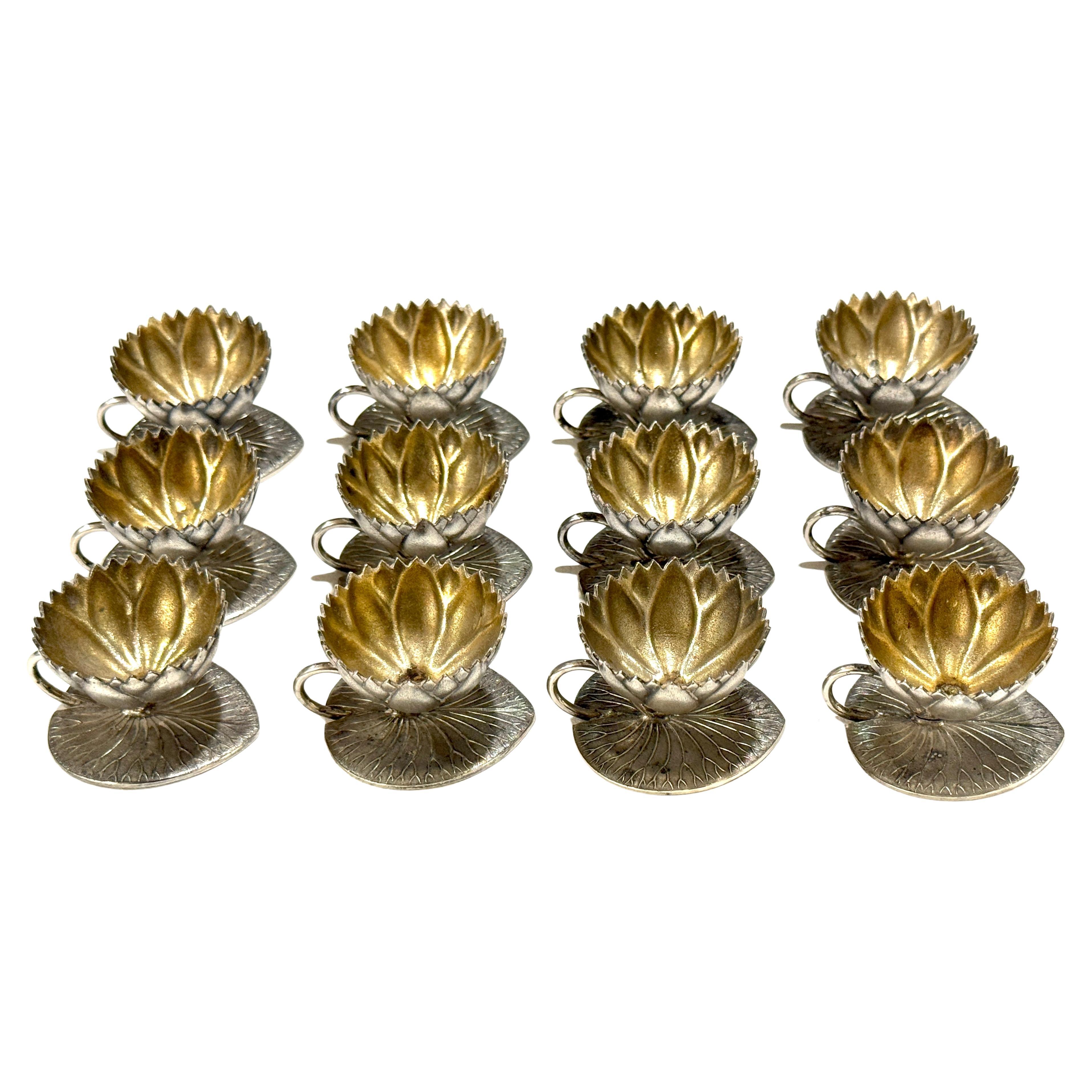 12 American Aesthetic Movement Meriden Silverplate & Goldwashed Lotus Open Salts For Sale