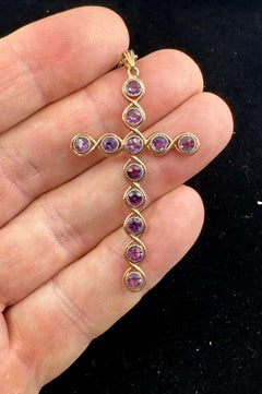 12 Amethyst Gold Cross Pendant Necklace Antique Victorian Art Deco 2.5 Inch