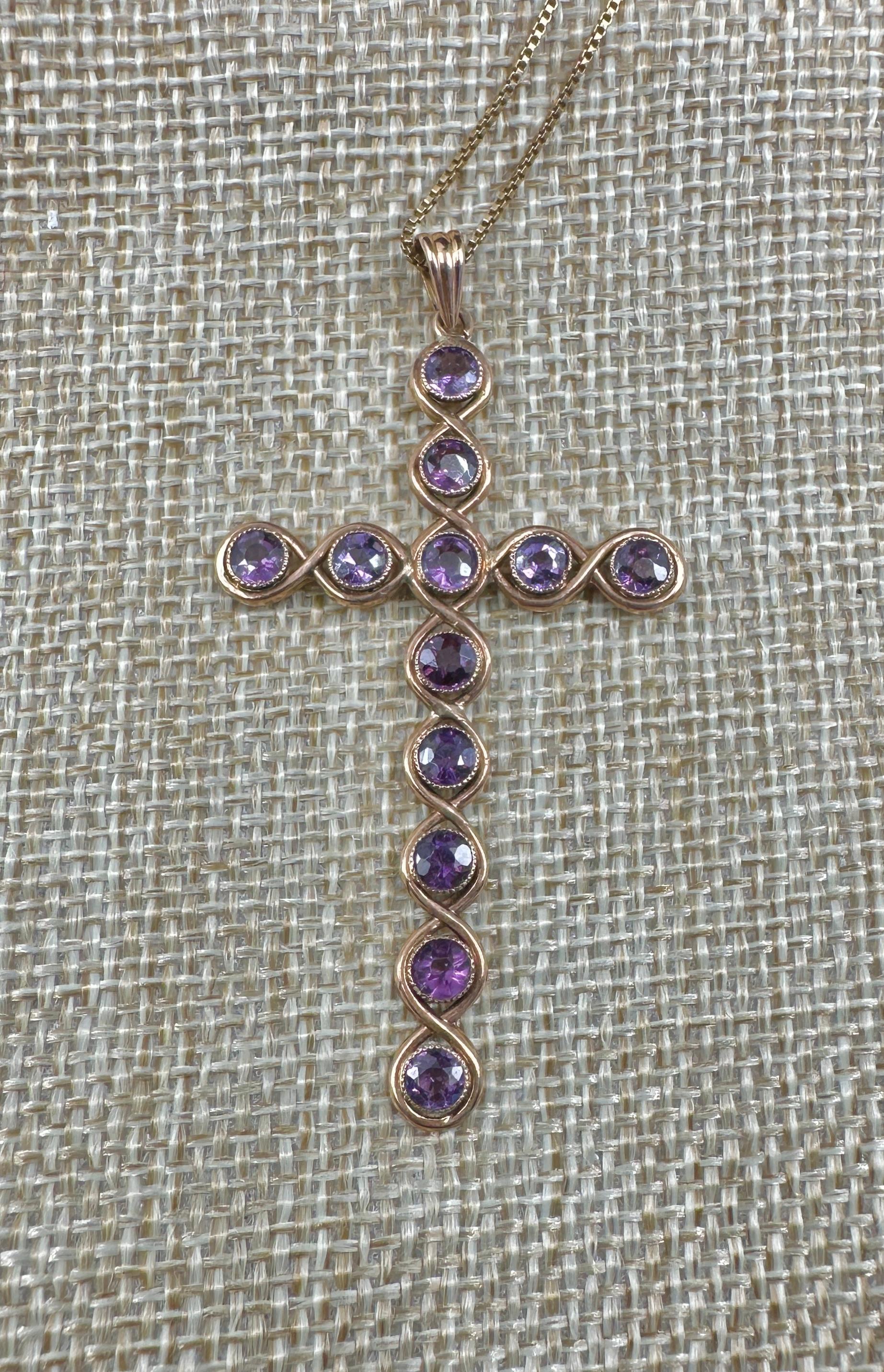 12 Collier pendentif croix en améthyste or Antique Victorien Art Deco 2.5 Inch en vente 1