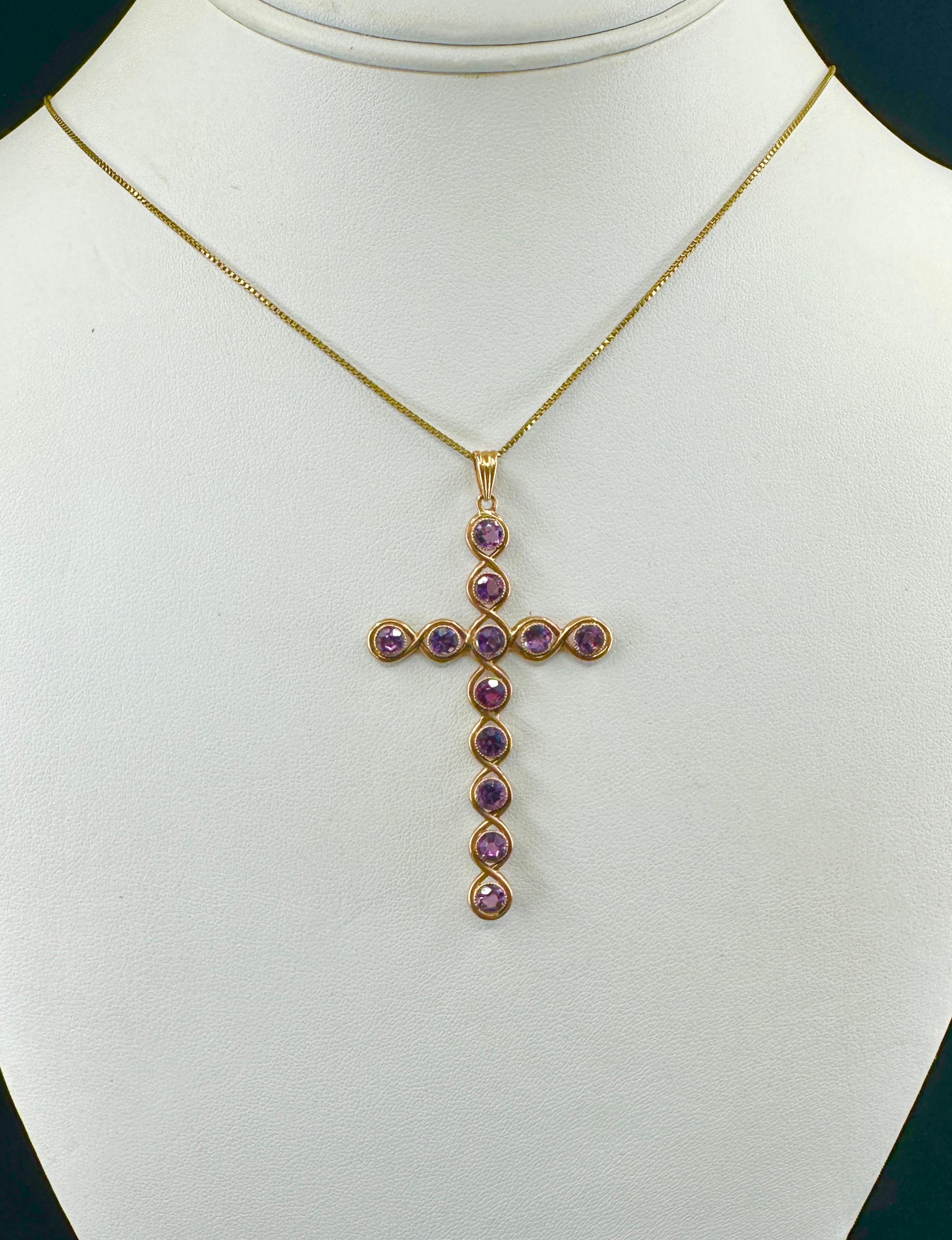 12 Collier pendentif croix en améthyste or Antique Victorien Art Deco 2.5 Inch en vente 3