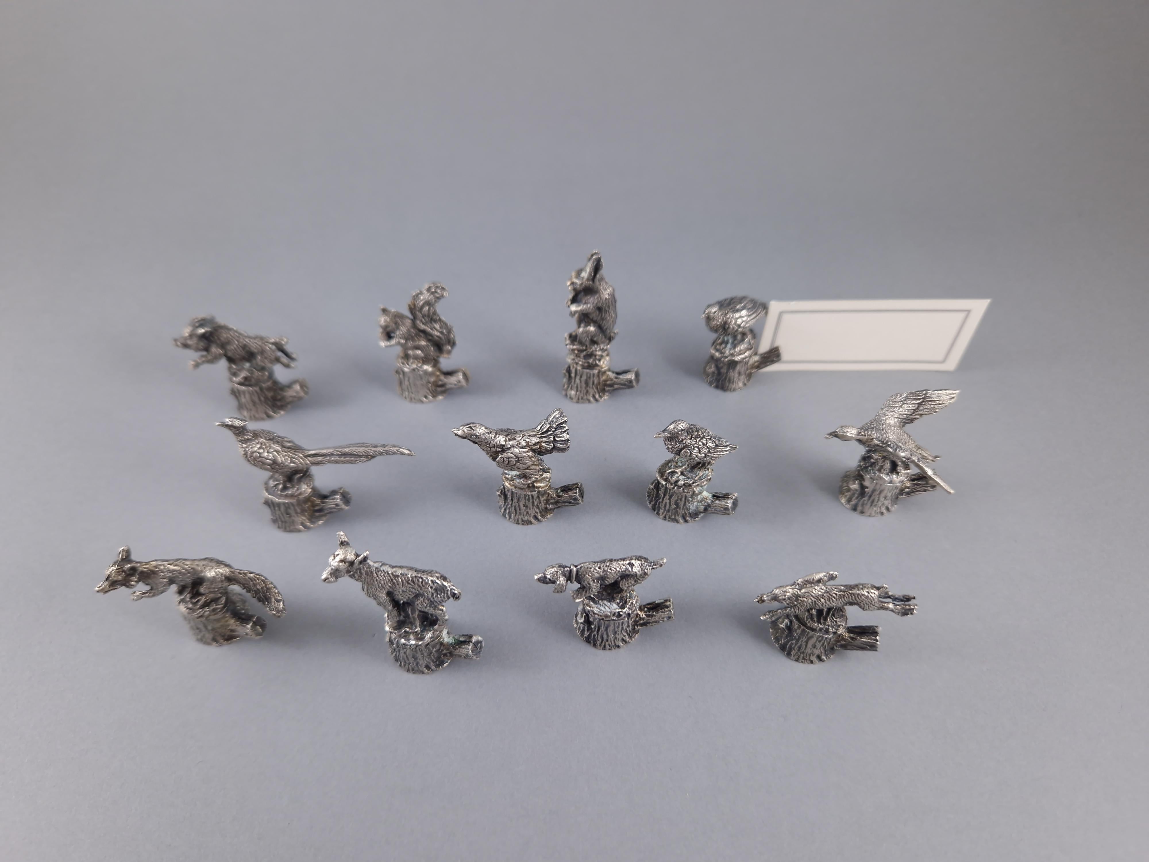 Late 20th Century 12 Animal Place Card Or Menu Holders In Sterling Silver With Hunting Theme For Sale