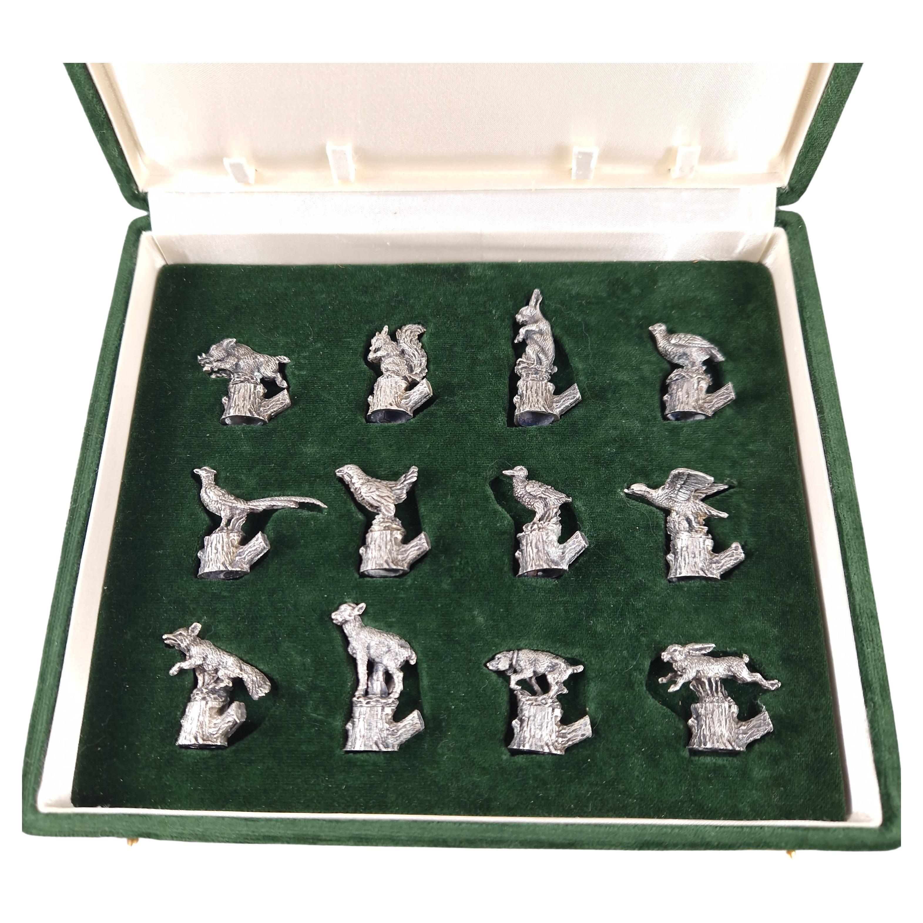 12 Animal Place Card Or Menu Holders In Sterling Silver With Hunting Theme For Sale