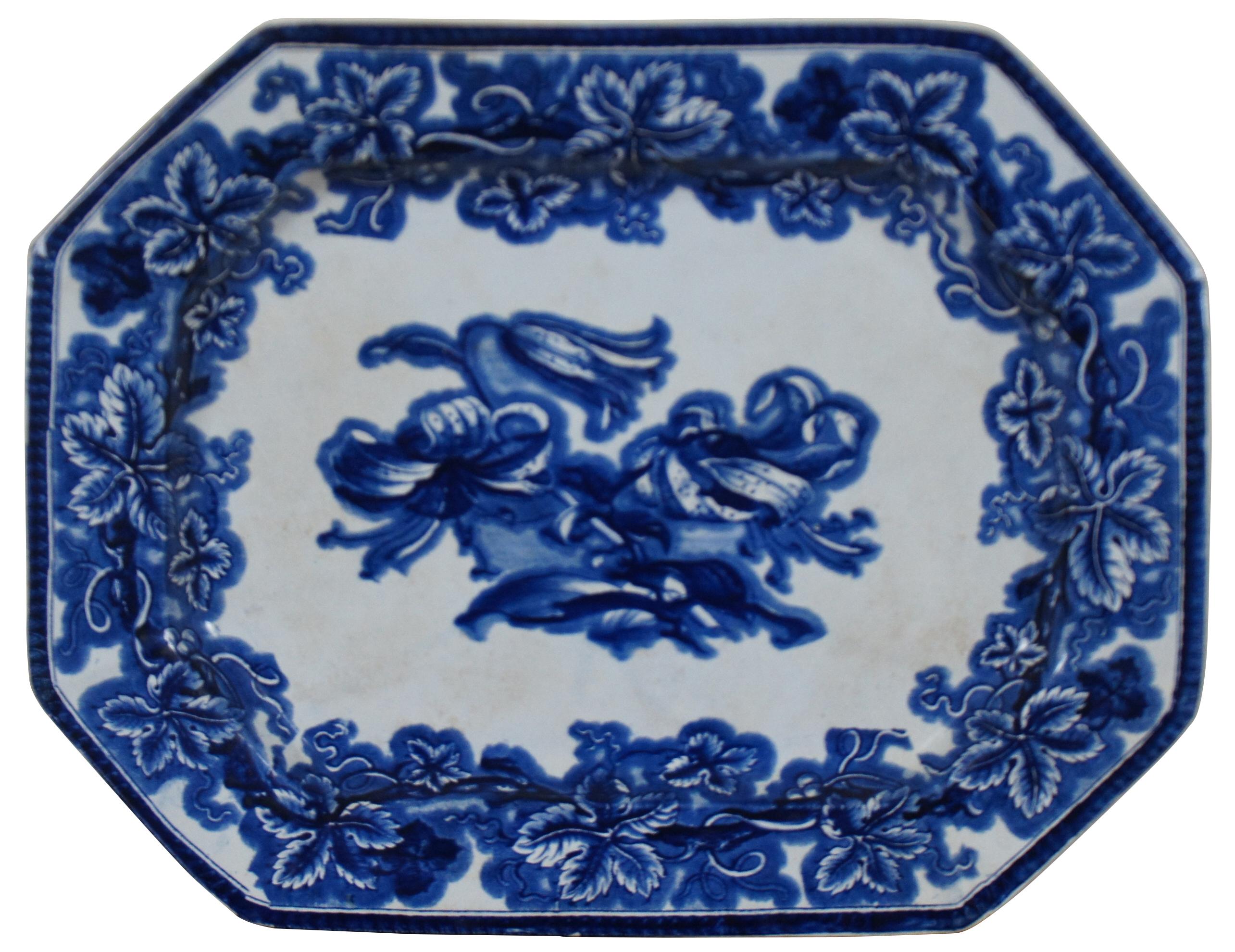 Victorian 12 Antique 19th Century English G Phillips Ironstone Lobelia Flow Blue Porcelain