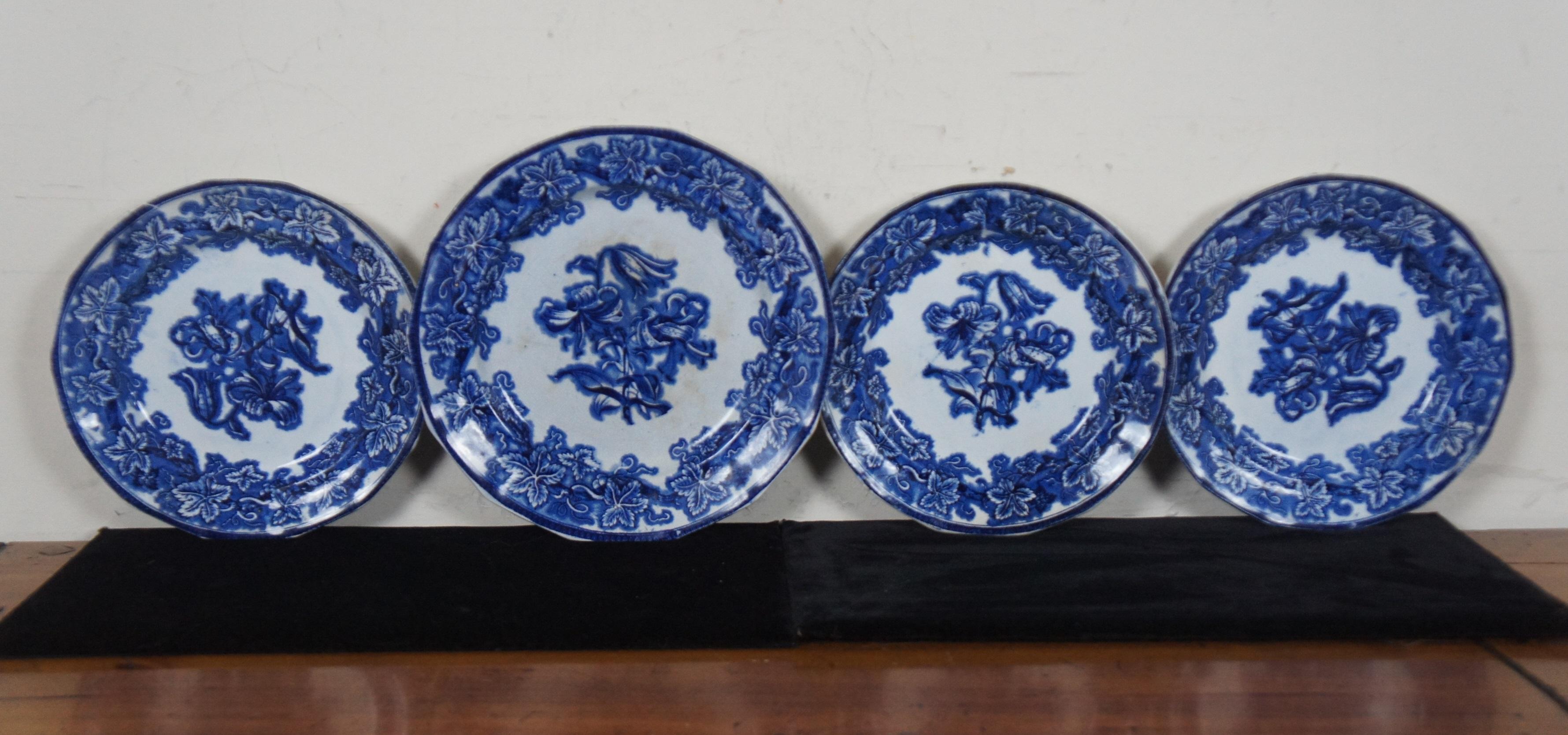 12 Antique 19th Century English G Phillips Ironstone Lobelia Flow Blue Porcelain 3