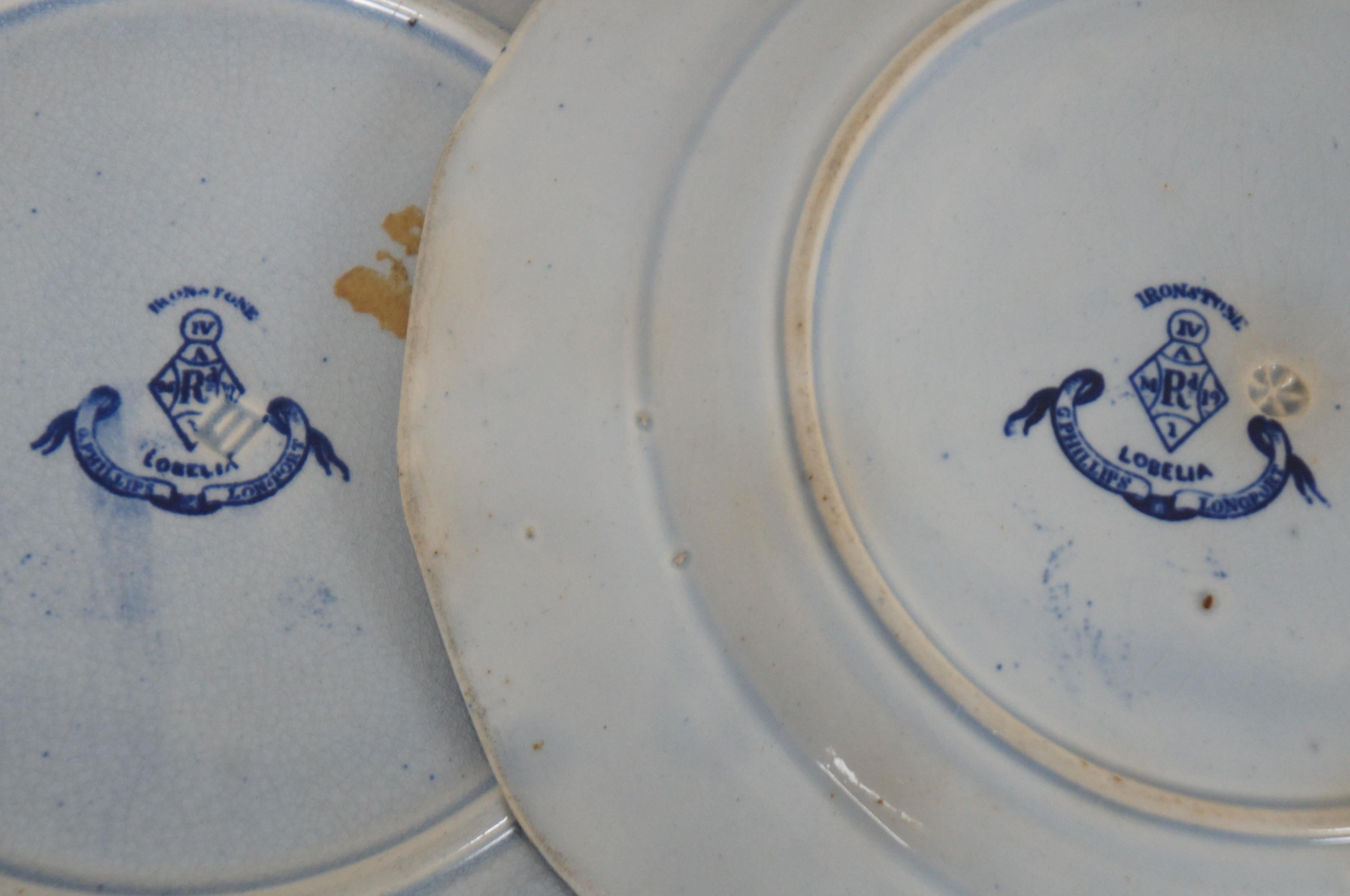 12 Antique 19th Century English G Phillips Ironstone Lobelia Flow Blue Porcelain 4